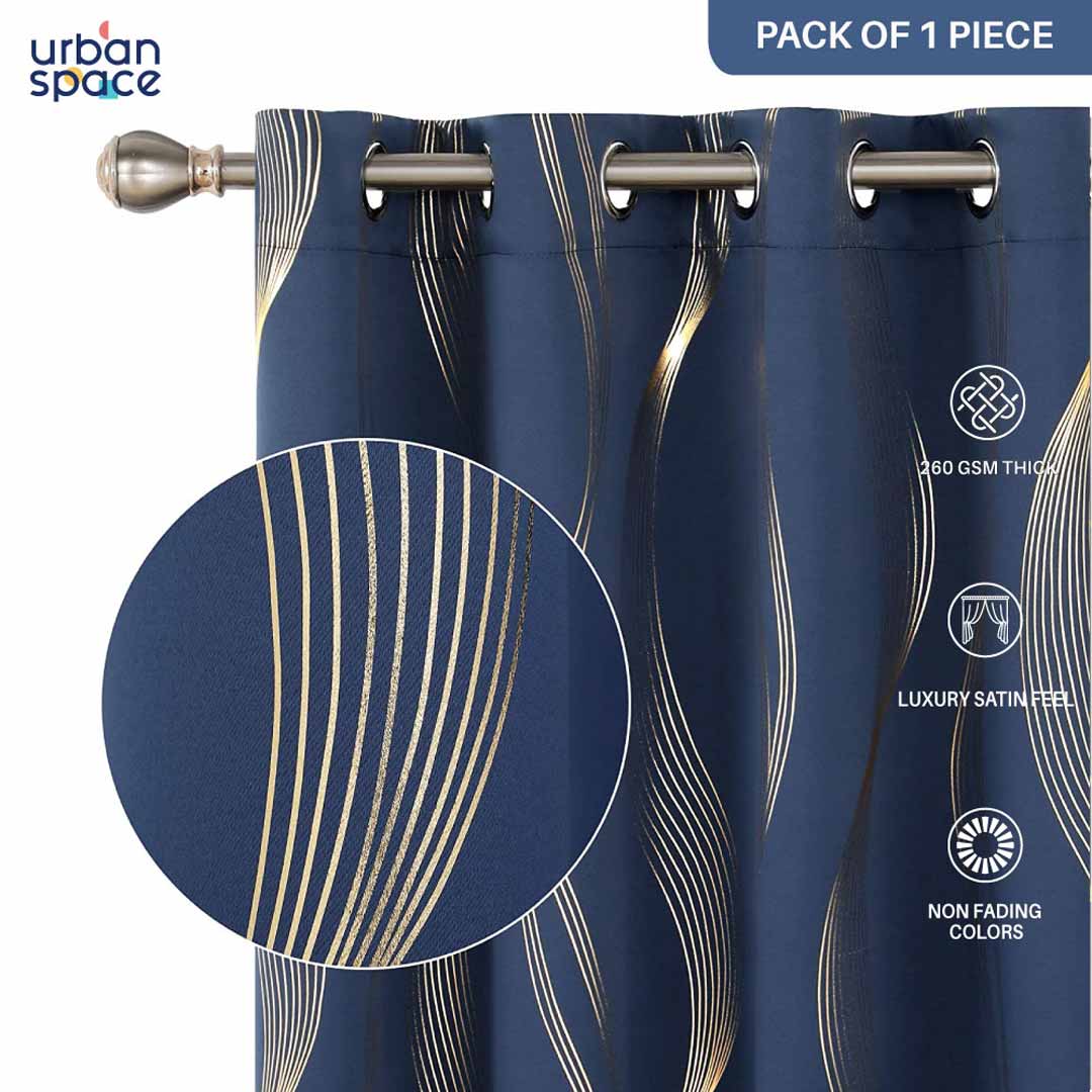 Urban Space -Home Furnishing Store Gold Foil Printed 80-85% Blackout Curtains - Pack of 1 Curtain - Double Wave - Navy Blue - view 3