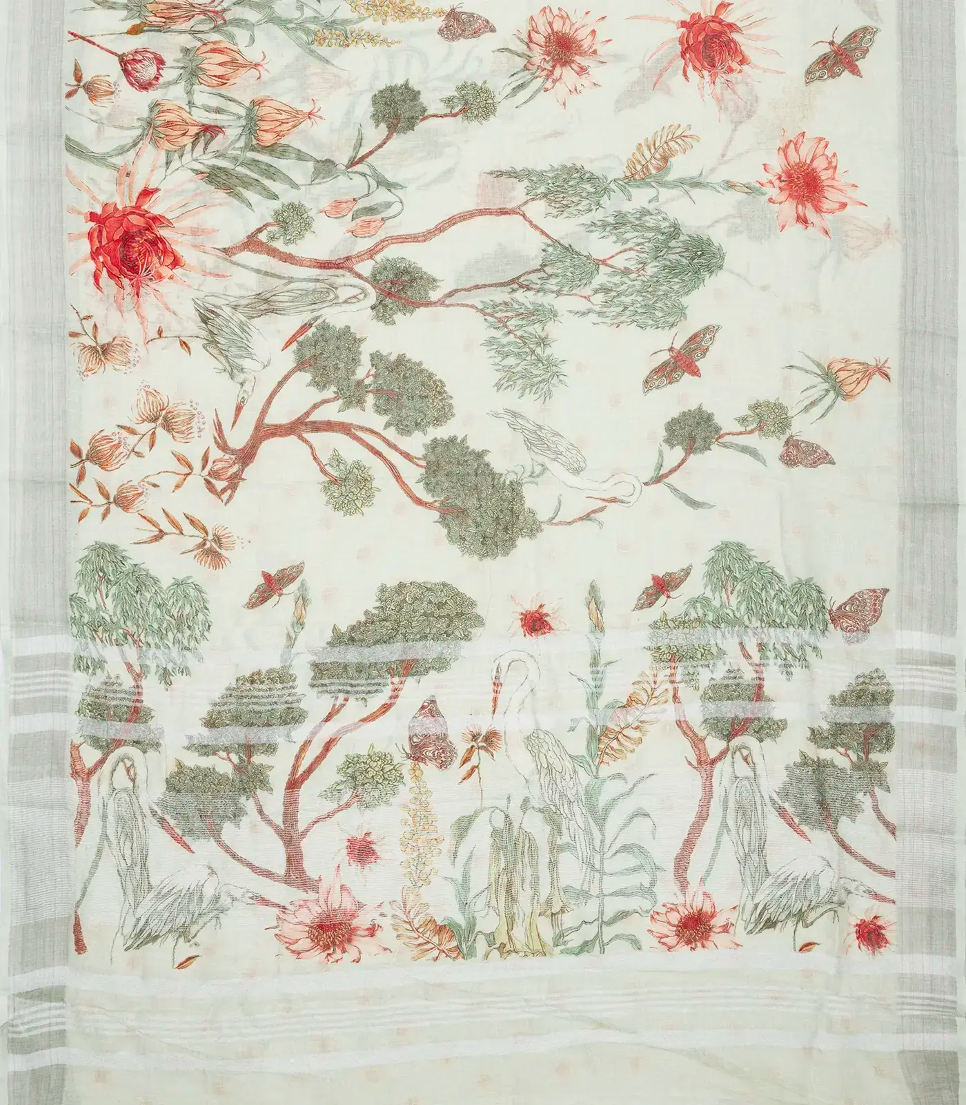 RmKV White Handloom Linen Saree With Printed Bird Motifs - view 2