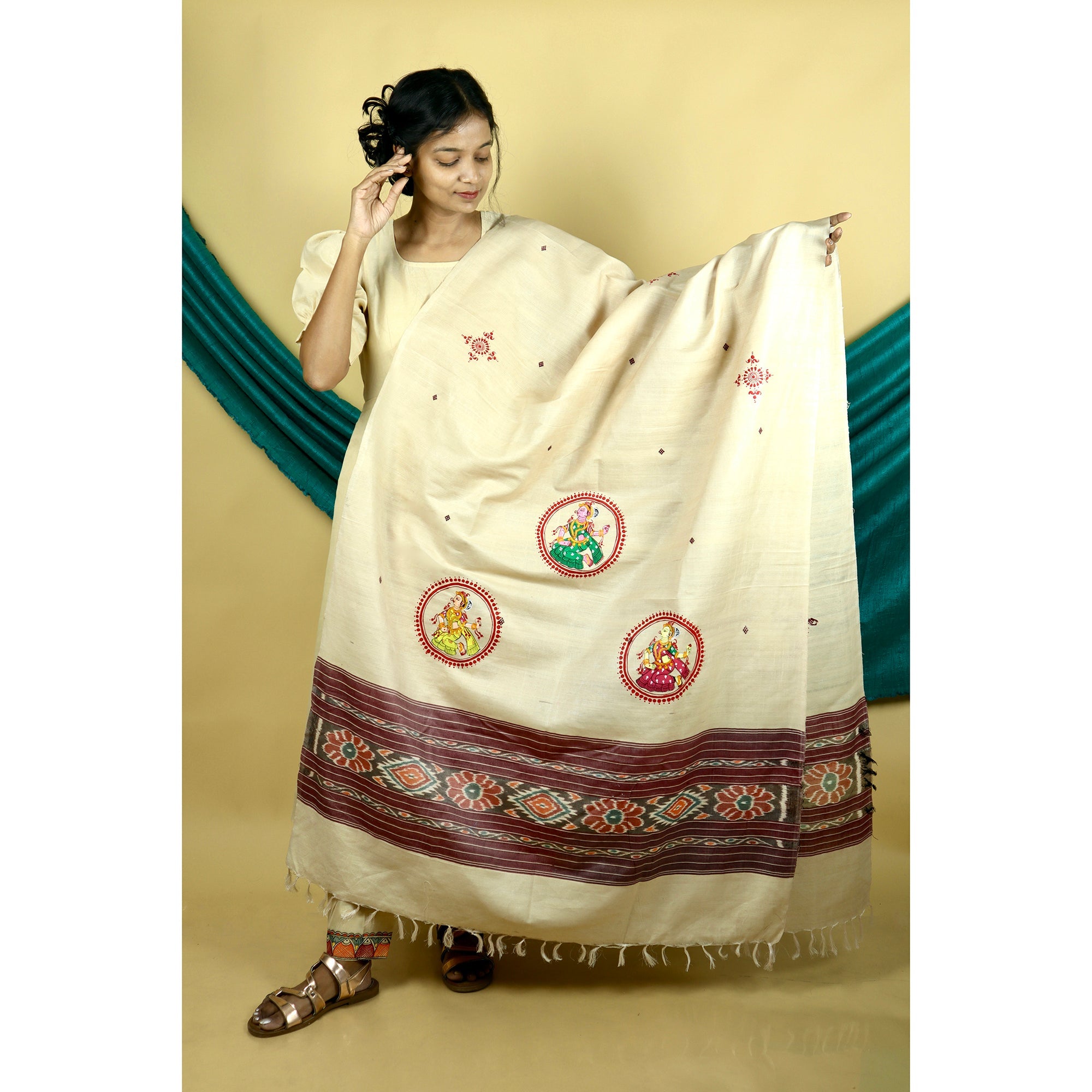 DIORAMA DESIGNS Beige - Pattachitra Ikkat Handpainted Dupatta - view 4