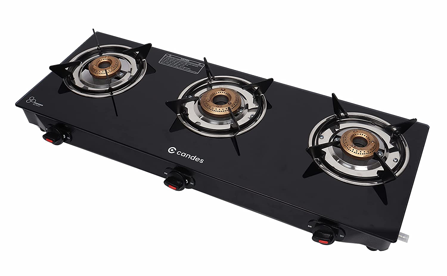 Candes Flame Glass Top Gas Stove 3 Burner, Manual Ignition, Black (B2B)