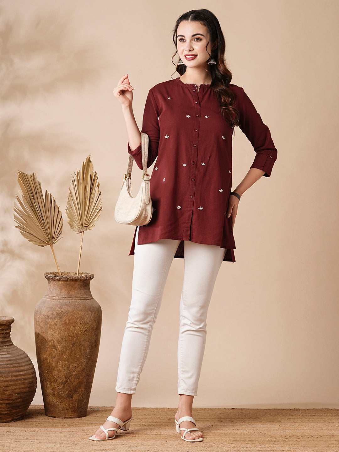Fashor Solid Resham & Beads Embroidered High-Low Hem Kurti - Red