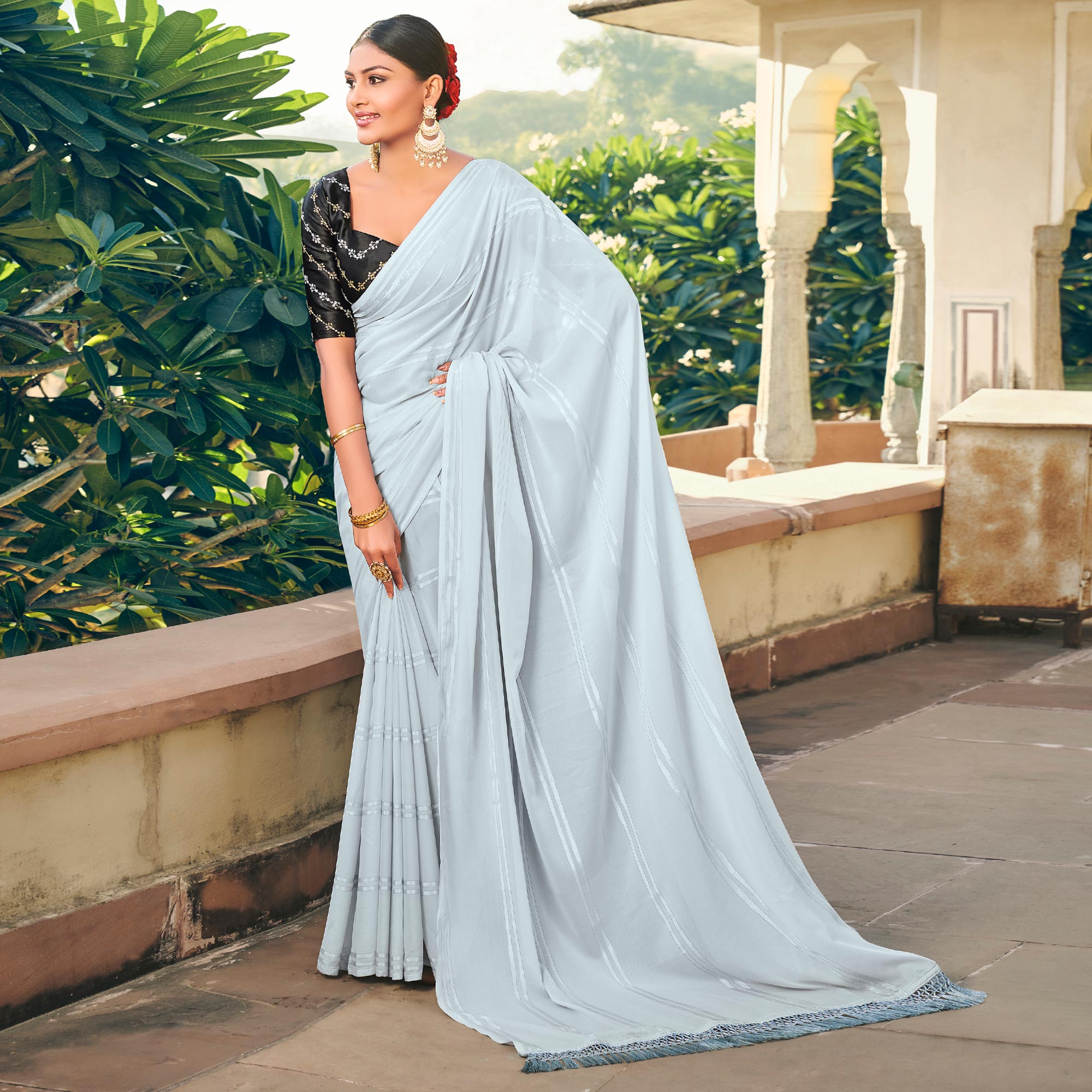 Peachmode Light Grey Printed Georgette Saree With Tassels