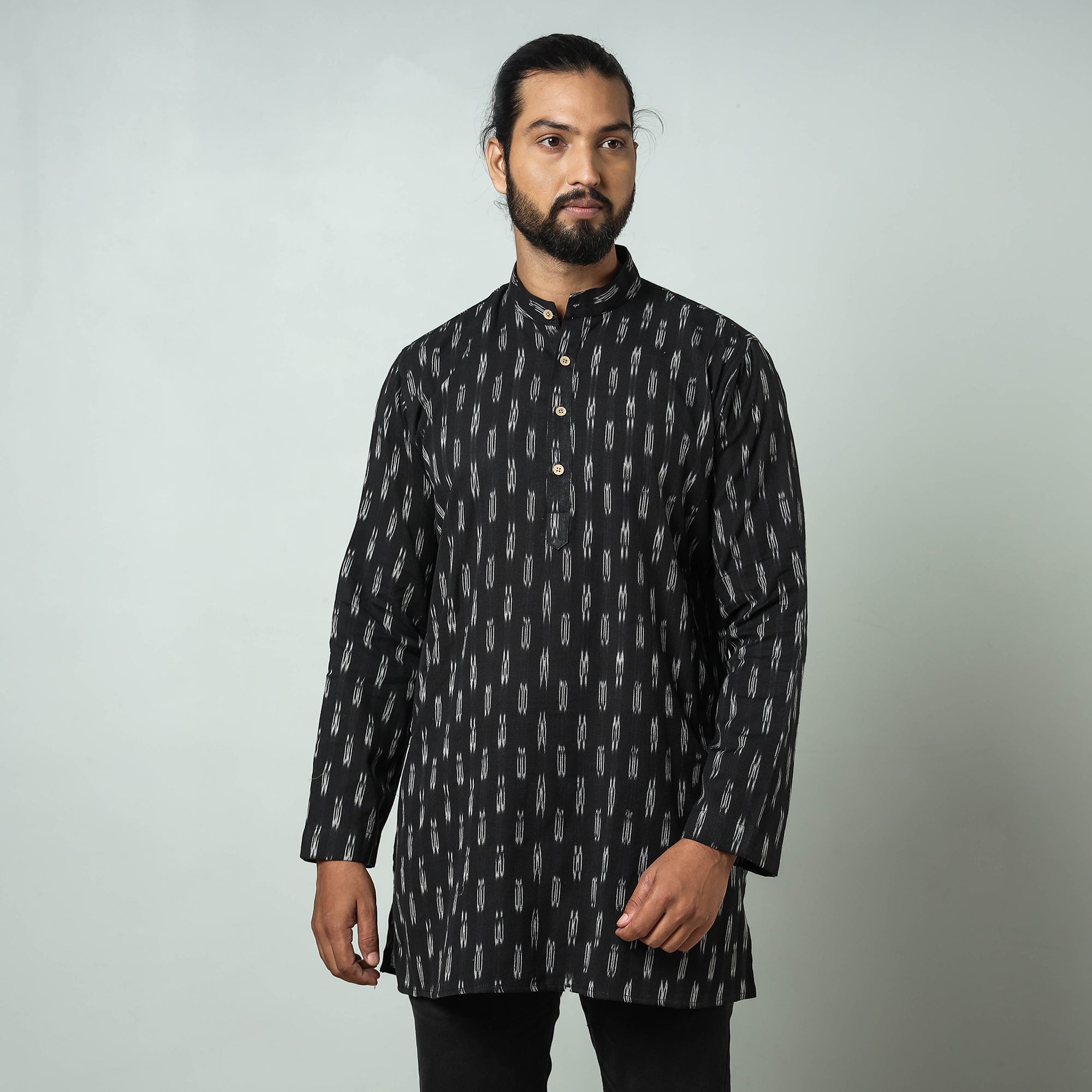 ITOKRI CASUALS Black - Pochampally Ikat weave Cotton Men's Short Kurta