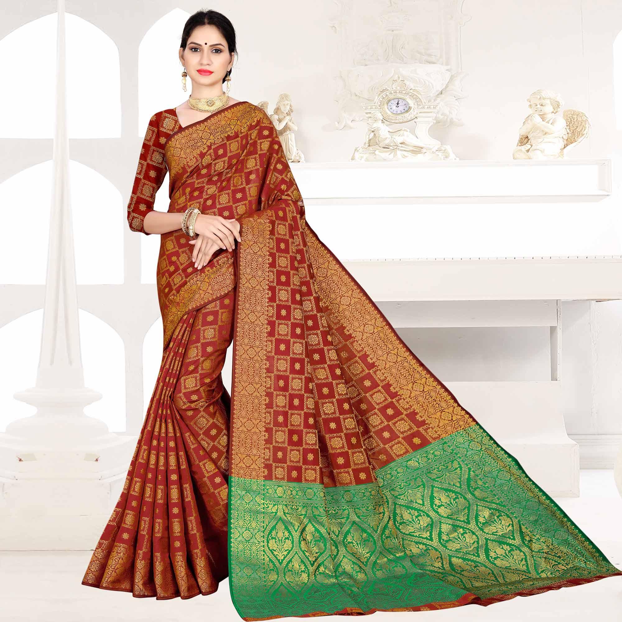 Peachmode Flirty Maroon Colored Festive Wear Woven Silk Saree