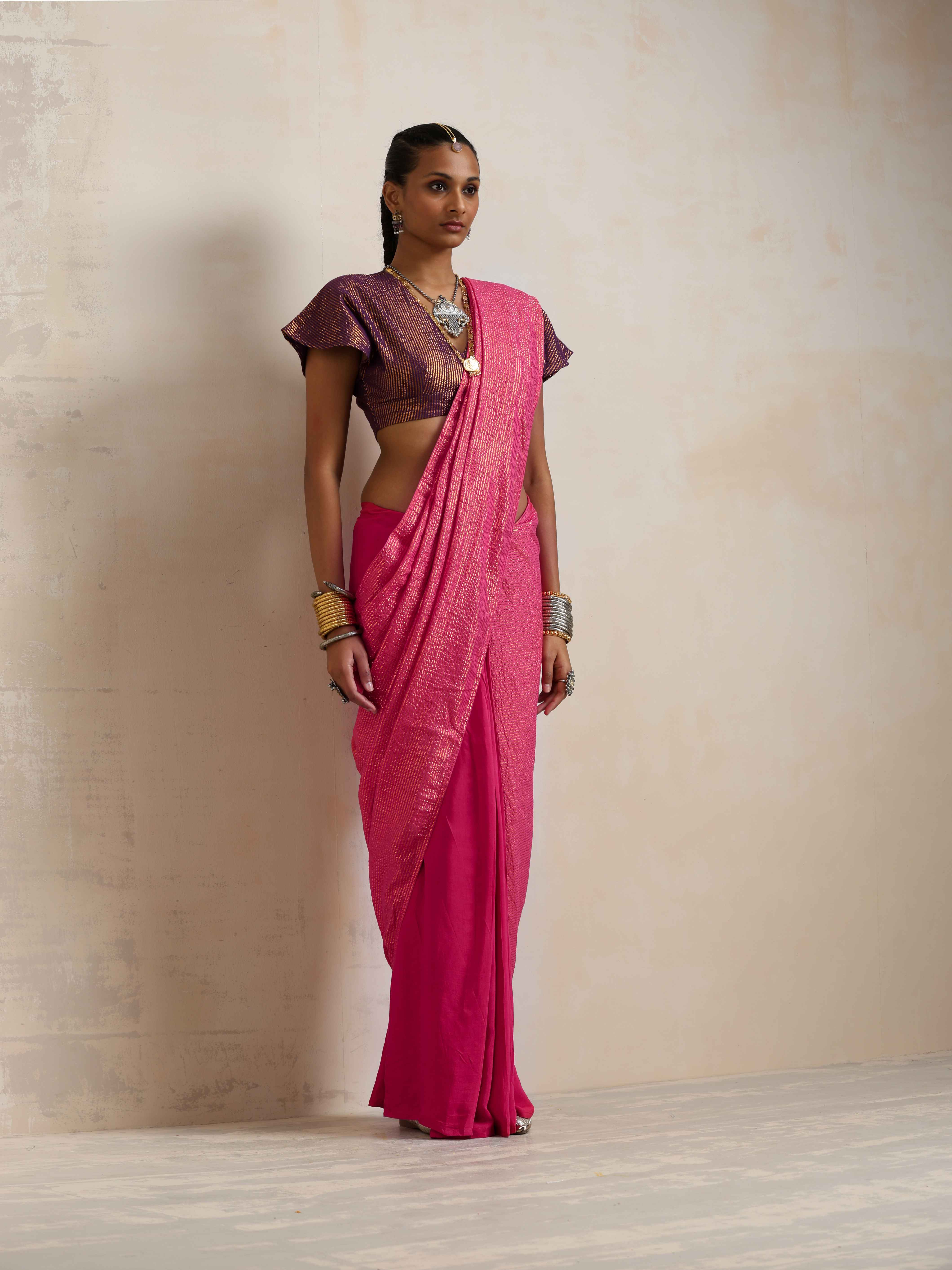 trueBrowns Pink Gold Metallic Ready To Wear Saree - view 4