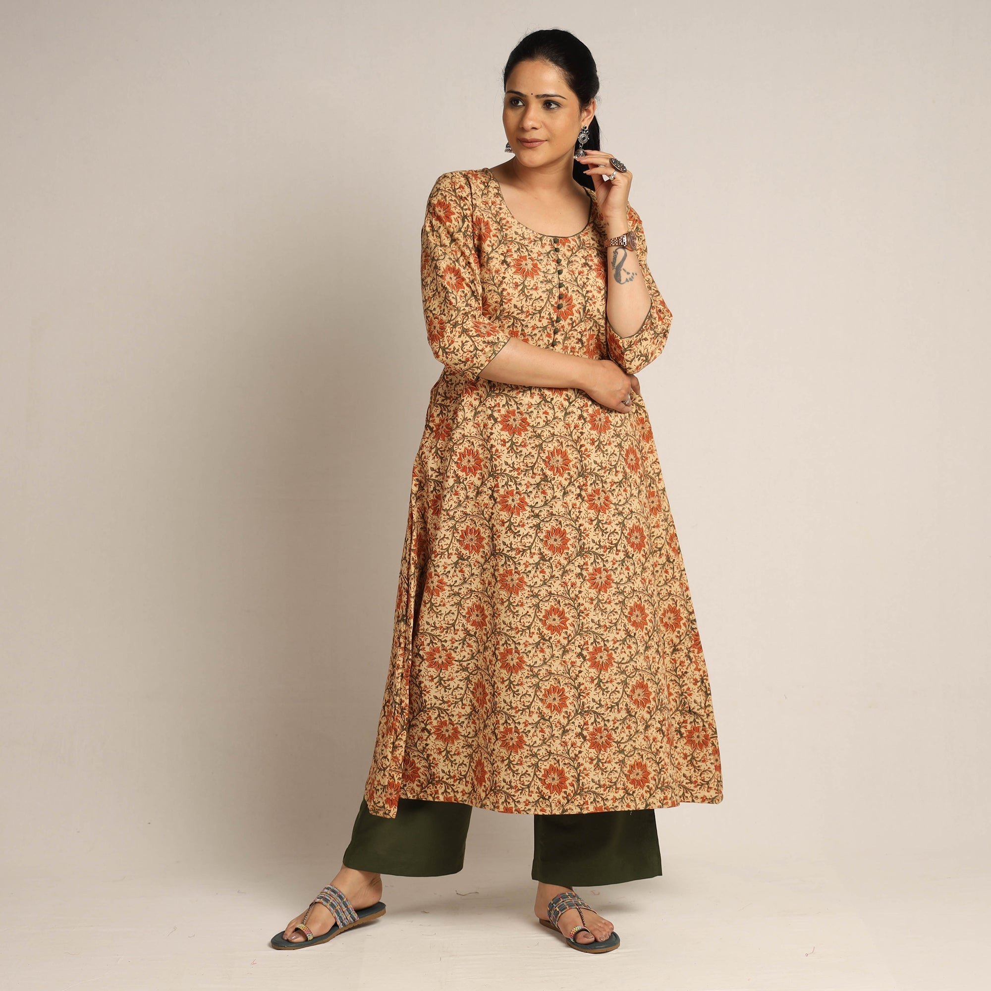 ITOKRI CASUALS Beige - Pedana Kalamkari Block Printed Cotton Kurta with Palazzo Set