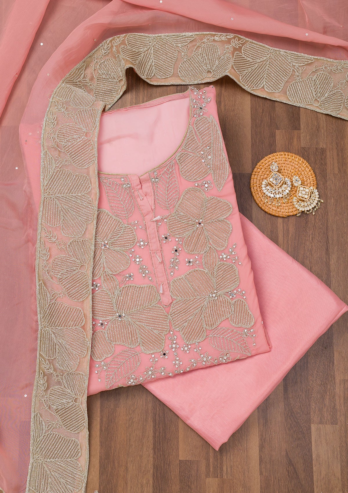 Koskii Pink Zariwork Semi Crepe Unstitched Salwar Suit