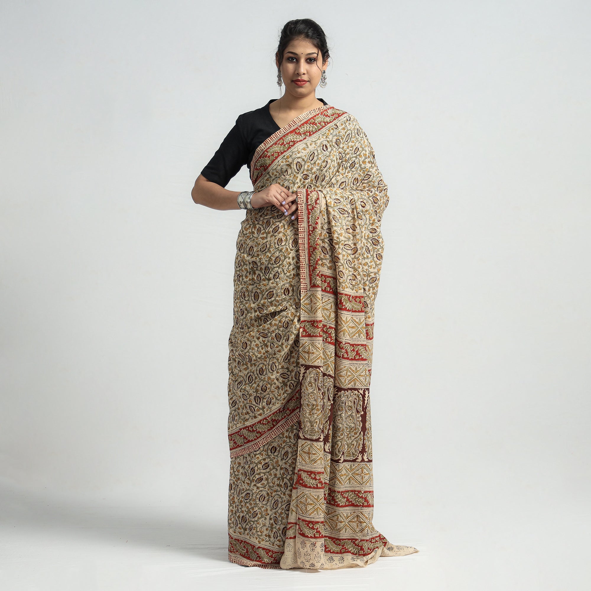 VENKATA BHANU KALAMKARI PEDANA Beige - Pedana Block Print Cotton Kalamkari Saree