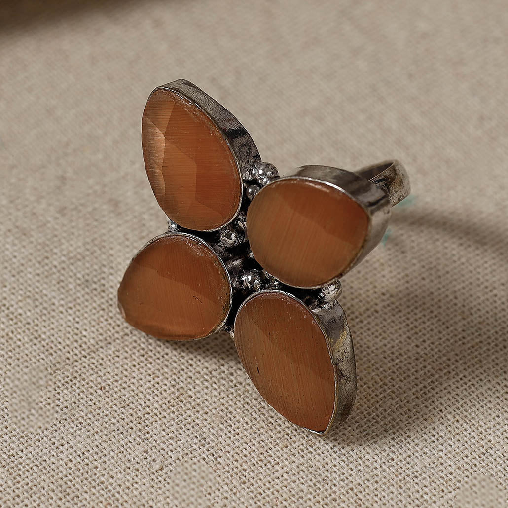 WHITE RIVER STORIES Antique Silver Finish Oxidised Brass Base Stone Work Ring (Adjustable) - view 2