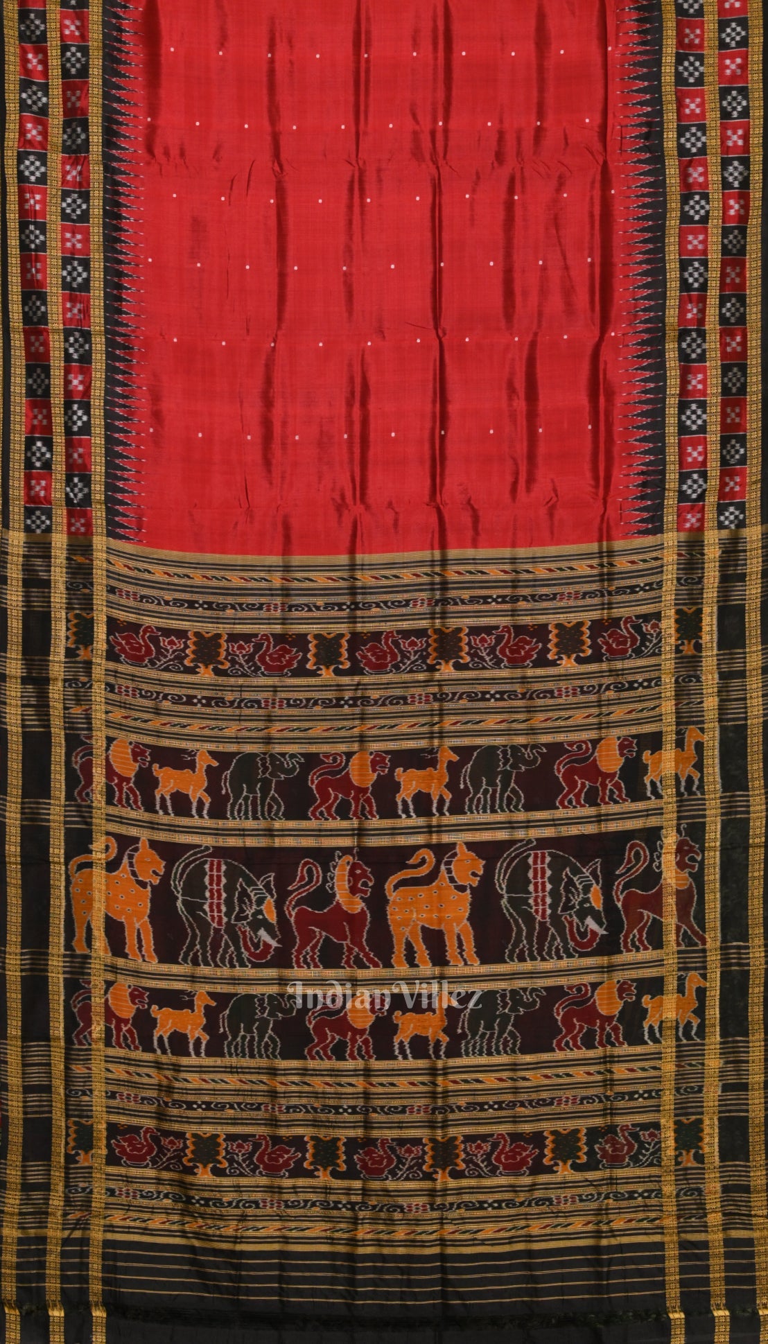 IndianVillèz Red Black Border Pasapali Theme Odisha Handloom Khandua Silk Saree