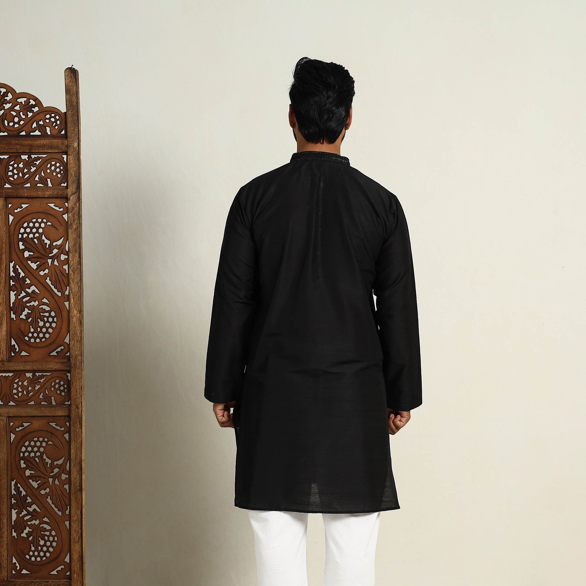 ITOKRI CASUALS Black - Slub Silk Kurta for Men with Detailed Neckline Work 02 - view 5