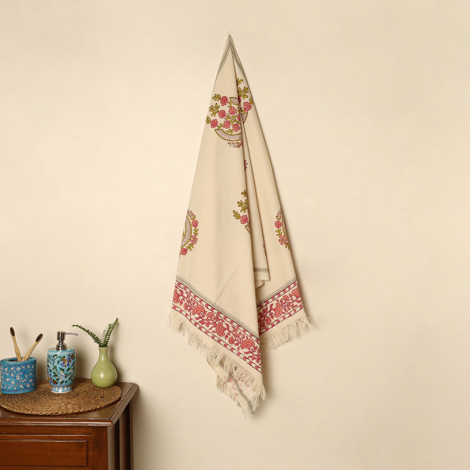 ARTISAN HAND BLOCK PRINTS Beige - Block Printed Handloom Cotton Sanganeri Towel 57