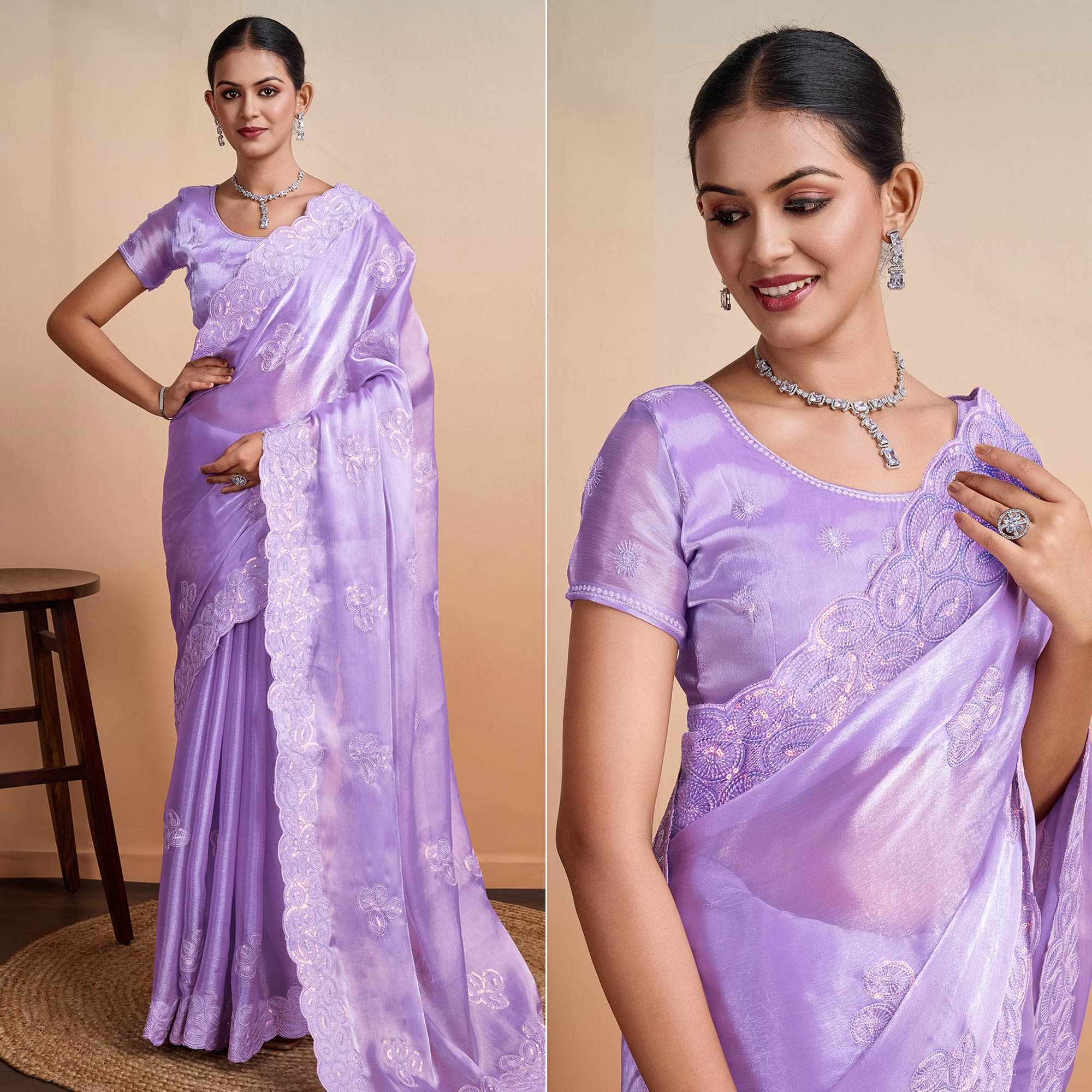 Peachmode Lavender Sequins Embroidered Organza Saree
