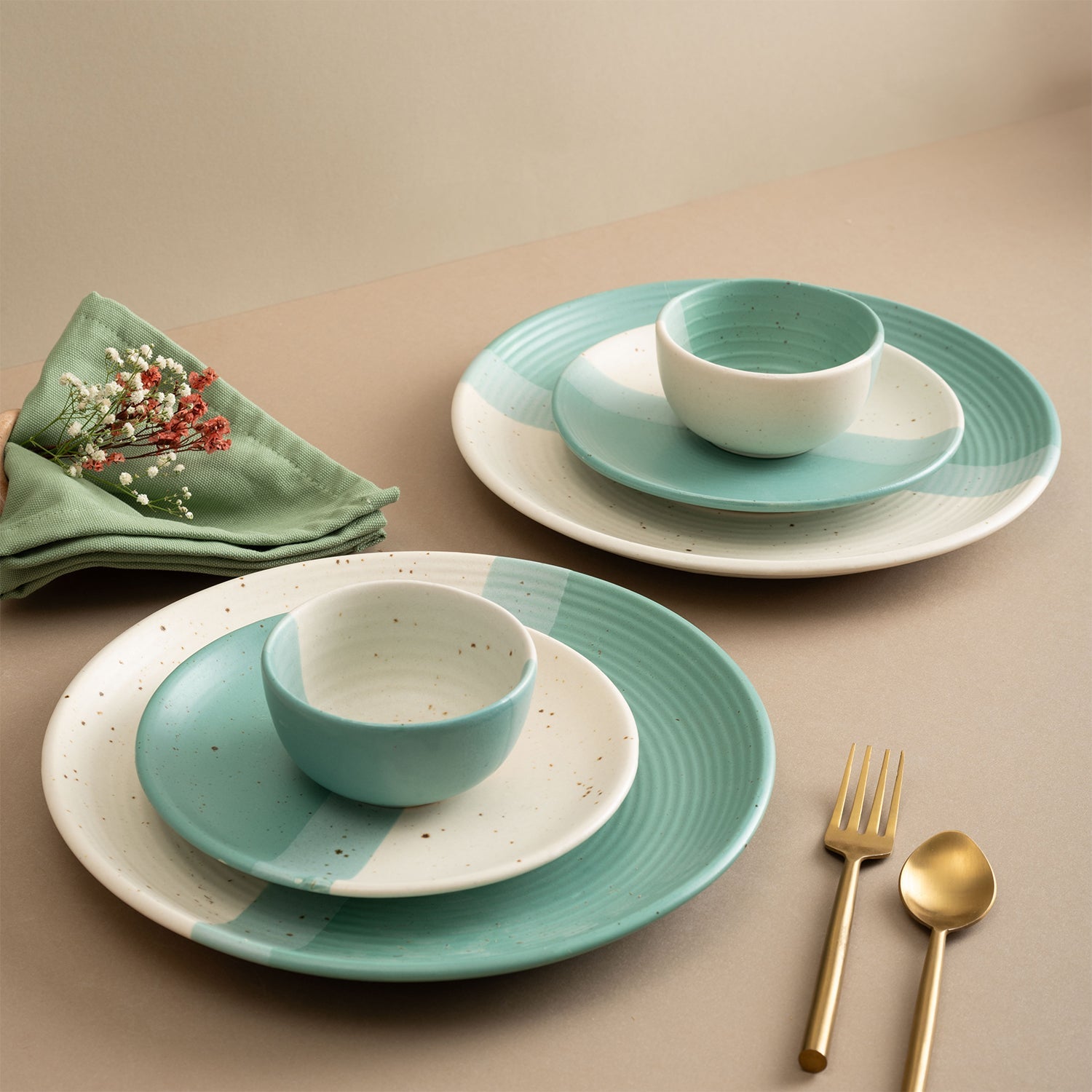 Urban Space Home Furnishing Handmade Ceramic Full dinner set for 2, 2 pieces each of dinner plate, quarter plate and katori bowls, Set of 6, Green Pea