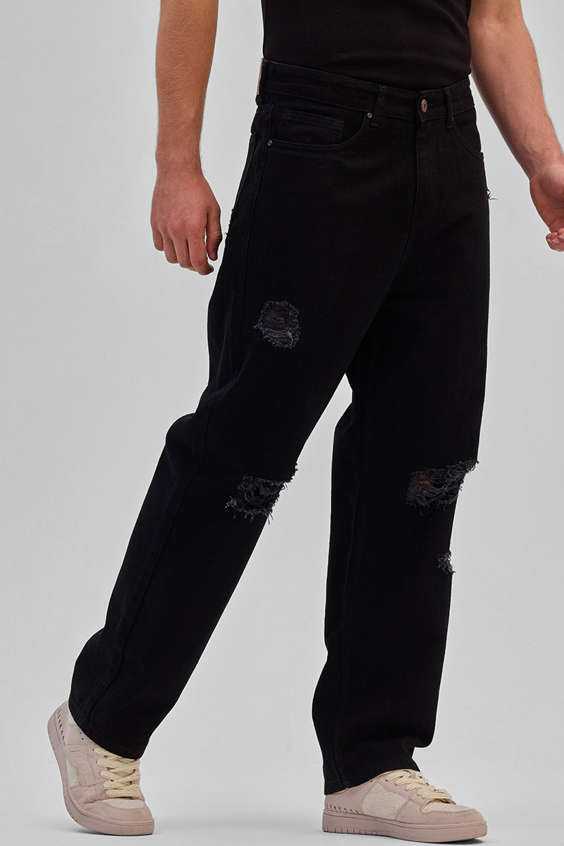 SNITCH Black Distressed Loose Fit Jeans