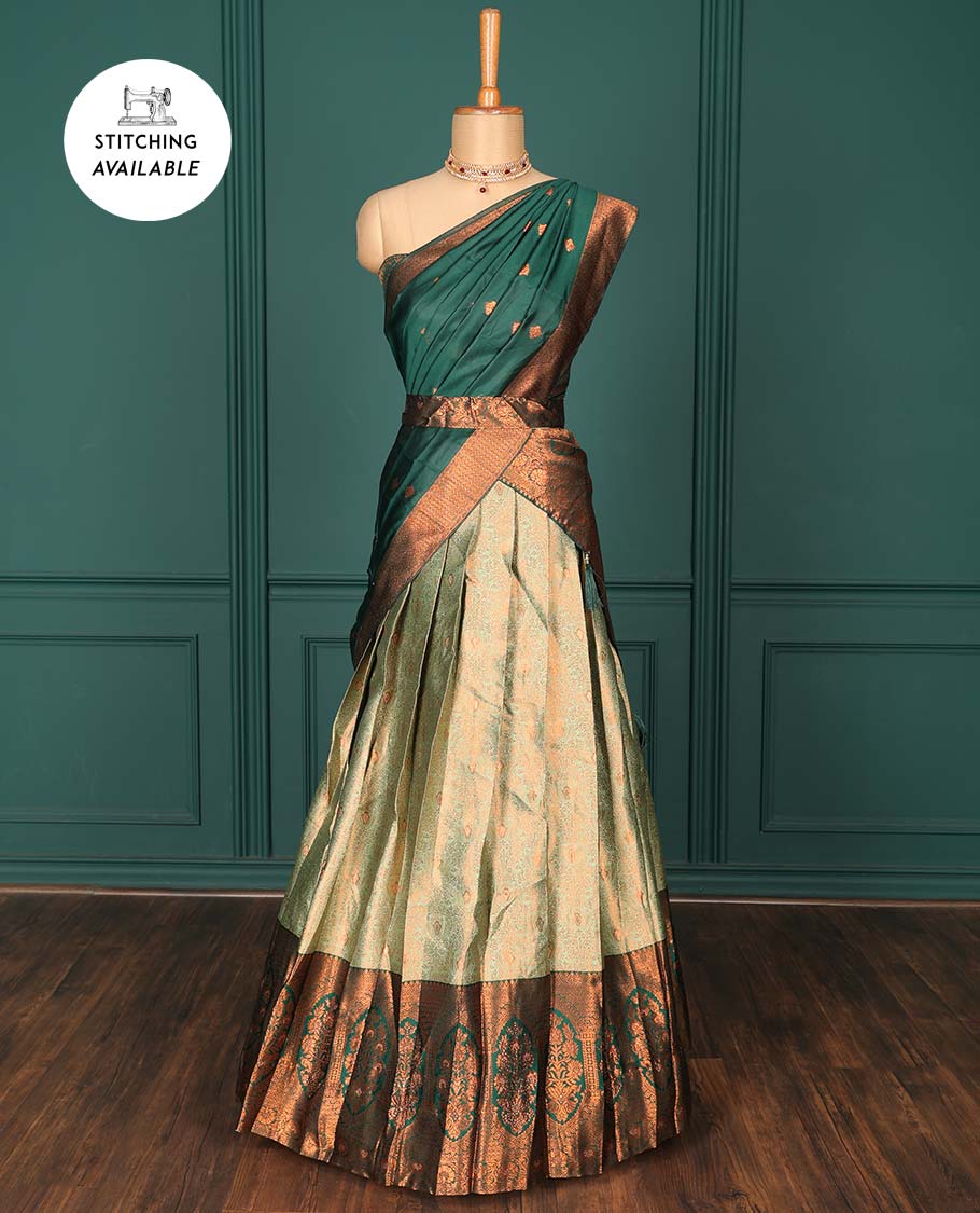 Pothys Green jacquard art-silk half-saree, contrast jacquard blouse, traditional design border & intricate dupatta