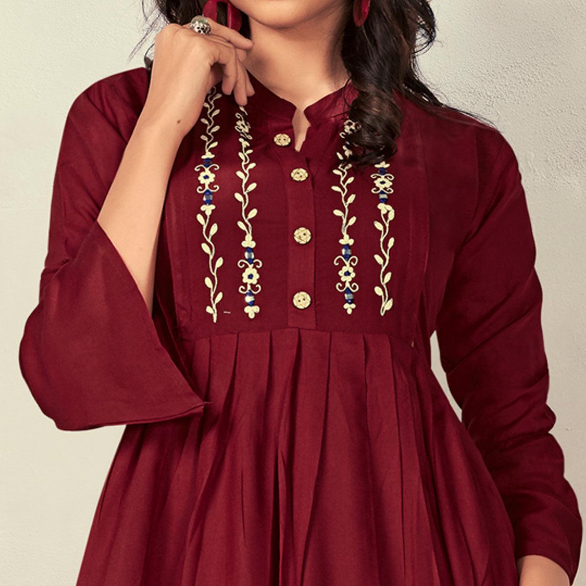 Peachmode Seller Maroon Casual Wear Embroidered Rayon Maternity Kurti - view 4