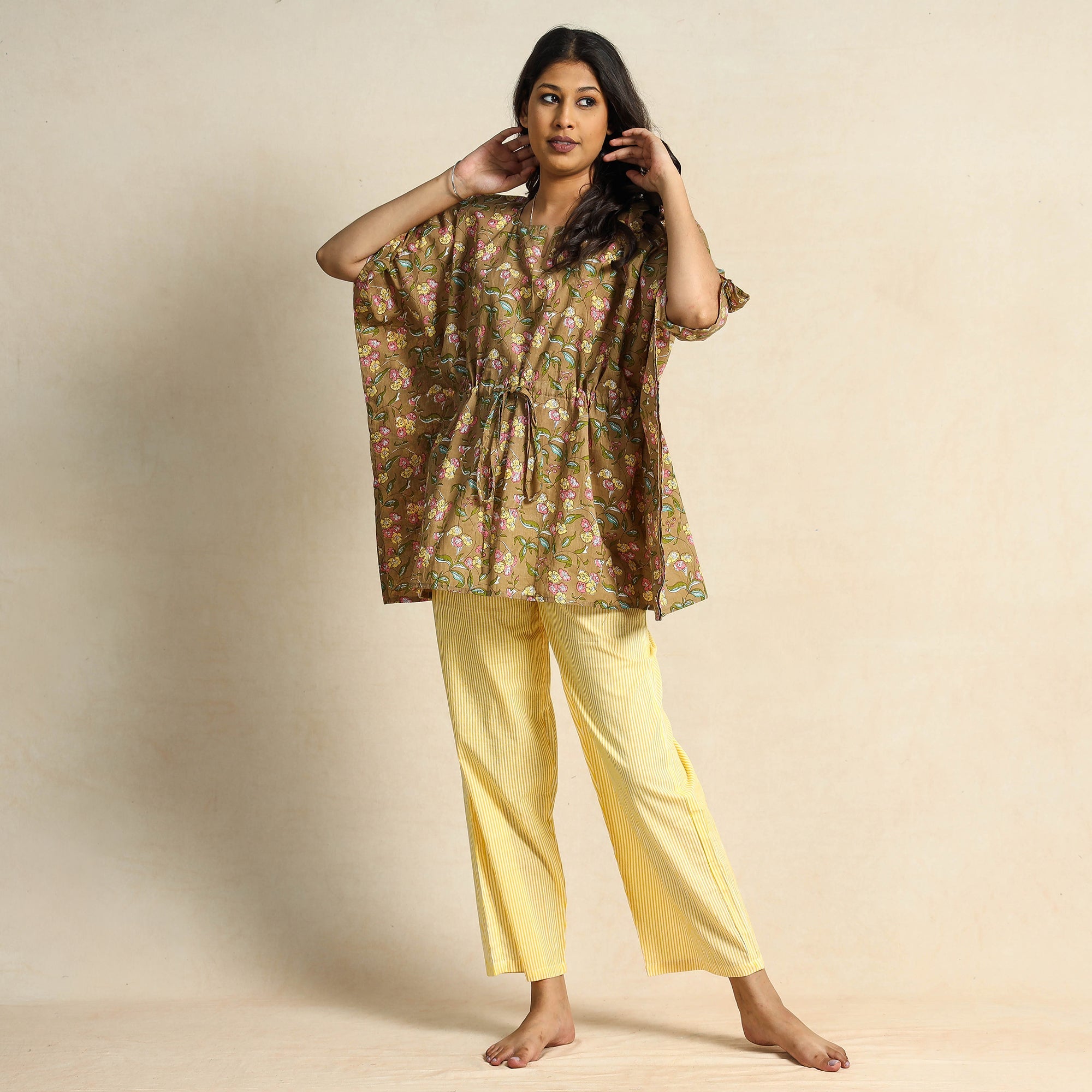 CHUTNEY CRAFT STUDIO Brown - Block Printed Cotton Kaftan Pyjama Night Suit Set