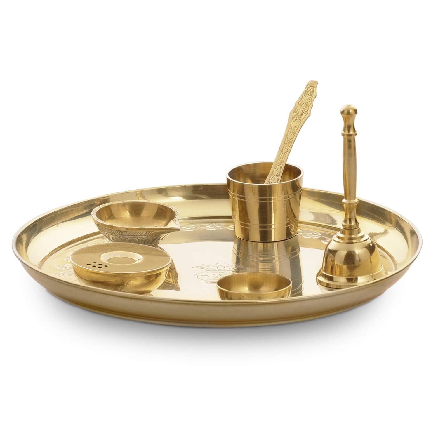 Borosil Brass Puja Thali Set | Aarti Thali for Mandir | Pooja Thali with Diya, Aggarbati Stand, Spoon, Glass, Bowl, and Bell | Decorative Puja Plate | - view 2