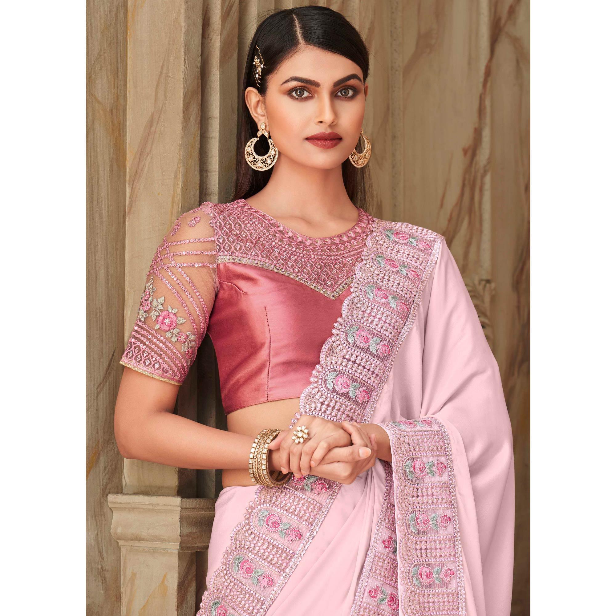 Peachmode Light Pink Partywear Sequins Embroidered Silk Saree - view 3