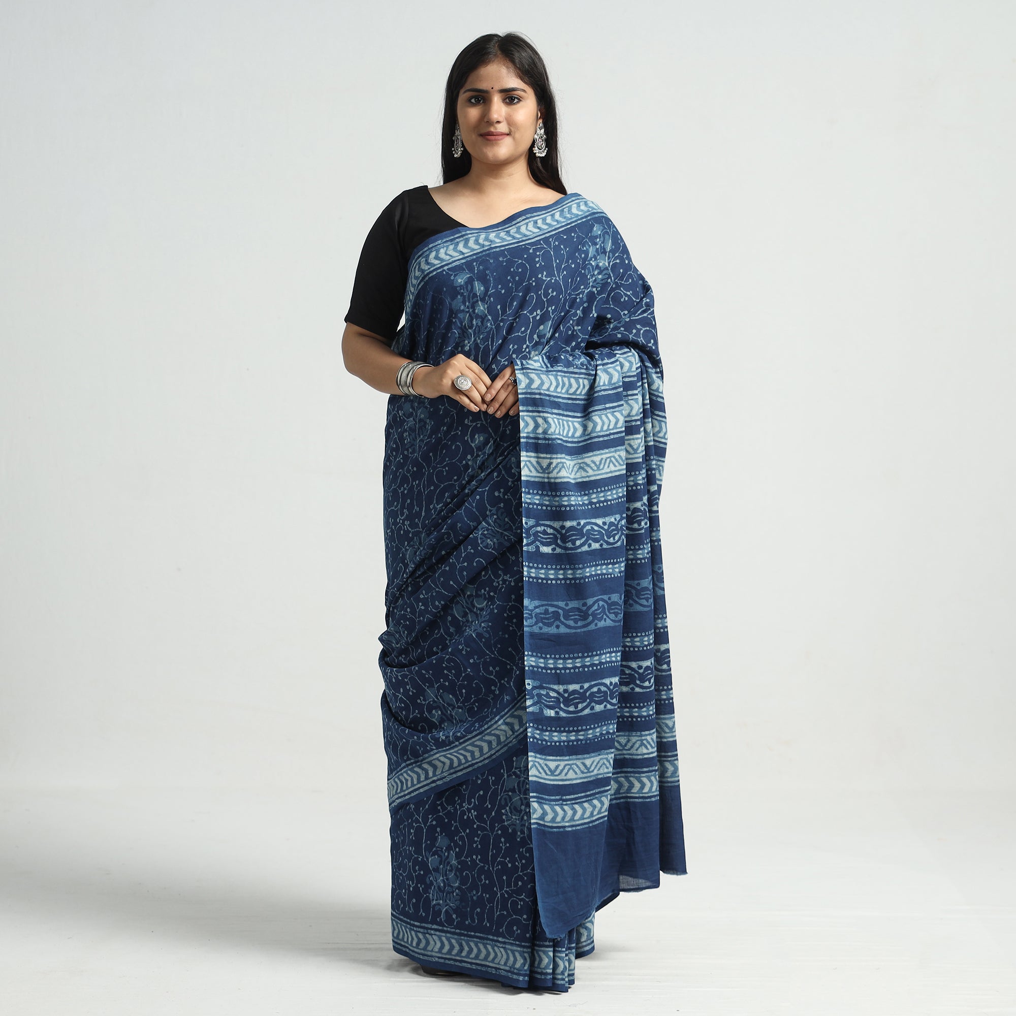HAVELI CHRONICLES Blue - Akola Hand Block Printed Cotton Saree