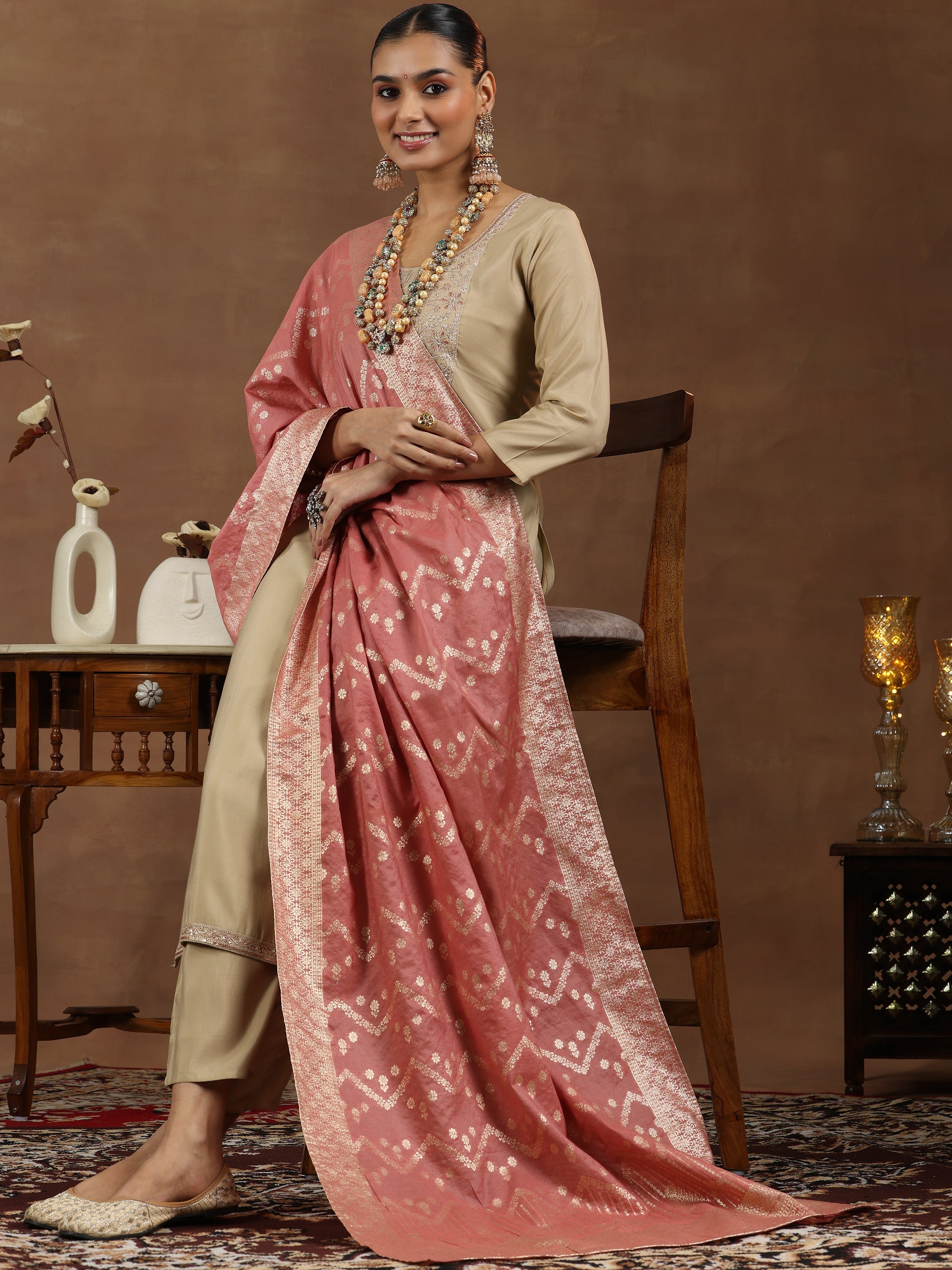 Gerua By Libas Beige Yoke Design Silk Blend Straight Suit With Dupatta