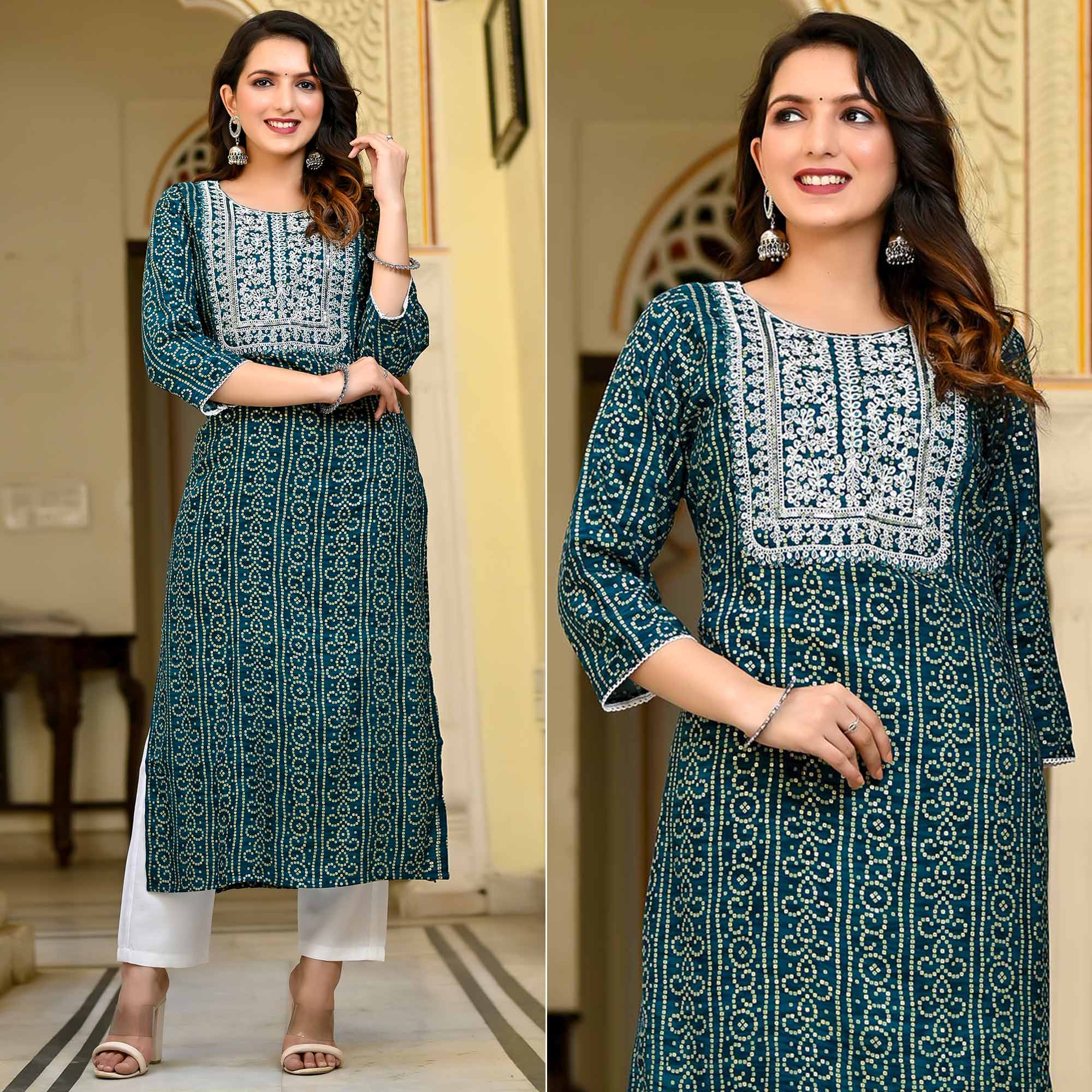 Peachmode Morpich Foil Bandhani Printed With Embroidered Rayon Kurti