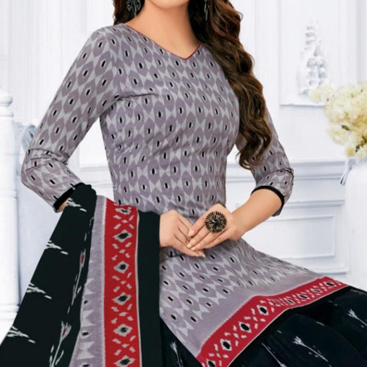 Peachmode Grey Printed Pure Cotton Patiala Dress Material - view 2