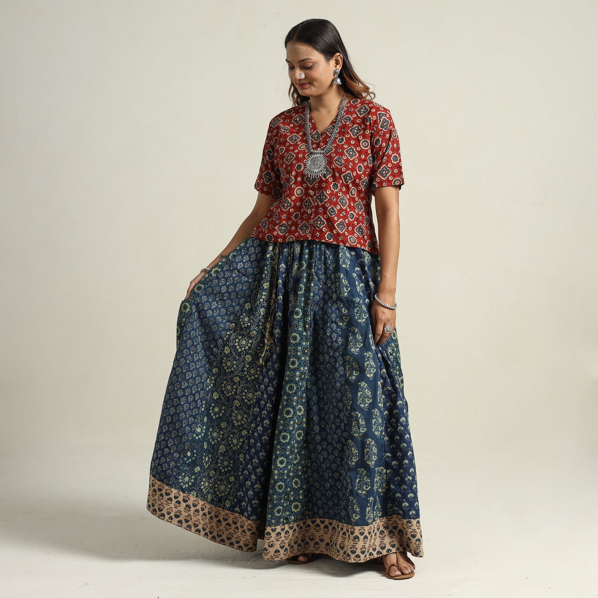 NOORI BAZAR Blue - Ajrakh Block Printed 24 Kali Patchwork Cotton Long Skirt 31 - view 2