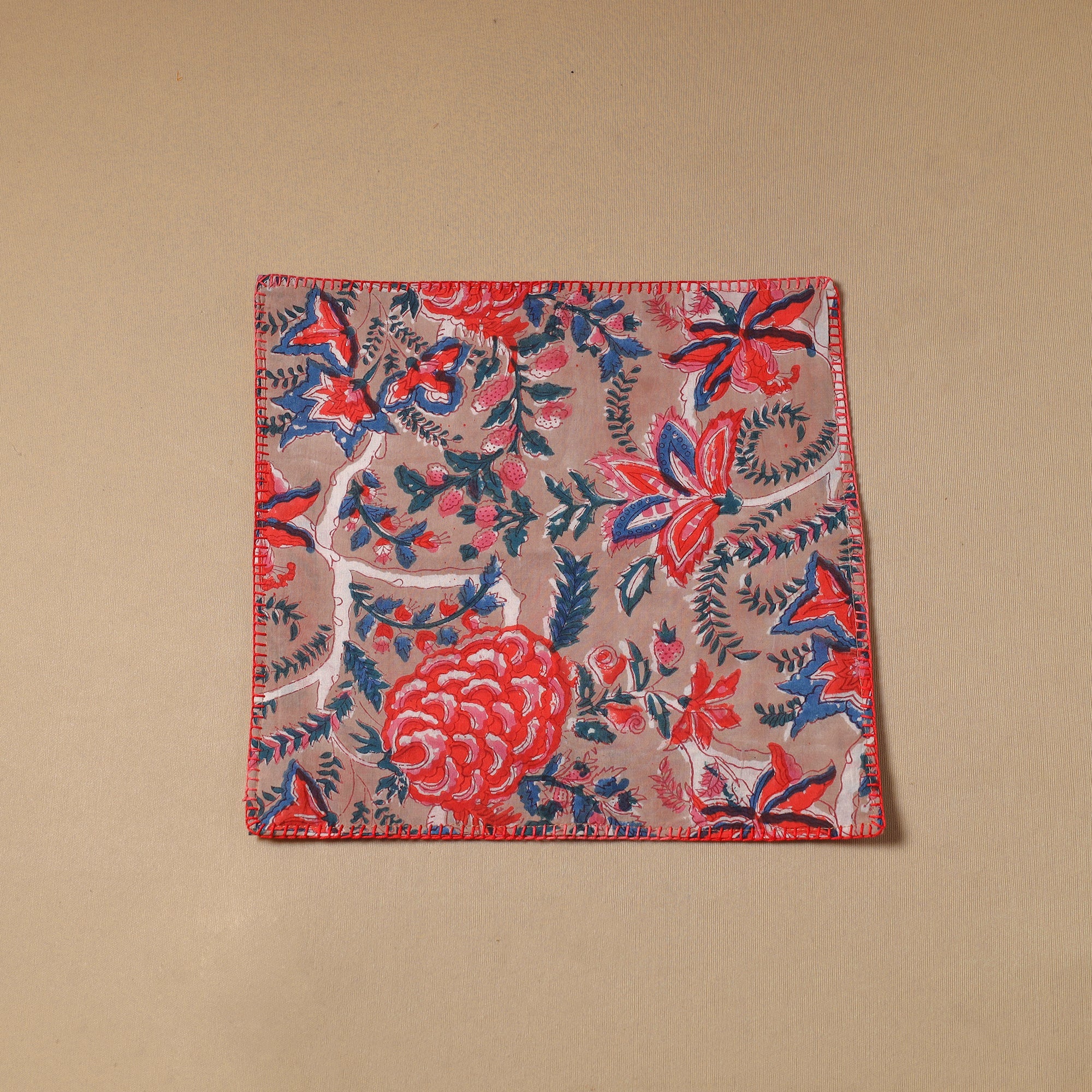 NOORI BAZAR Brown - Floral Block Print Cotton Hand Embroidery Table Napkin 07 - view 2