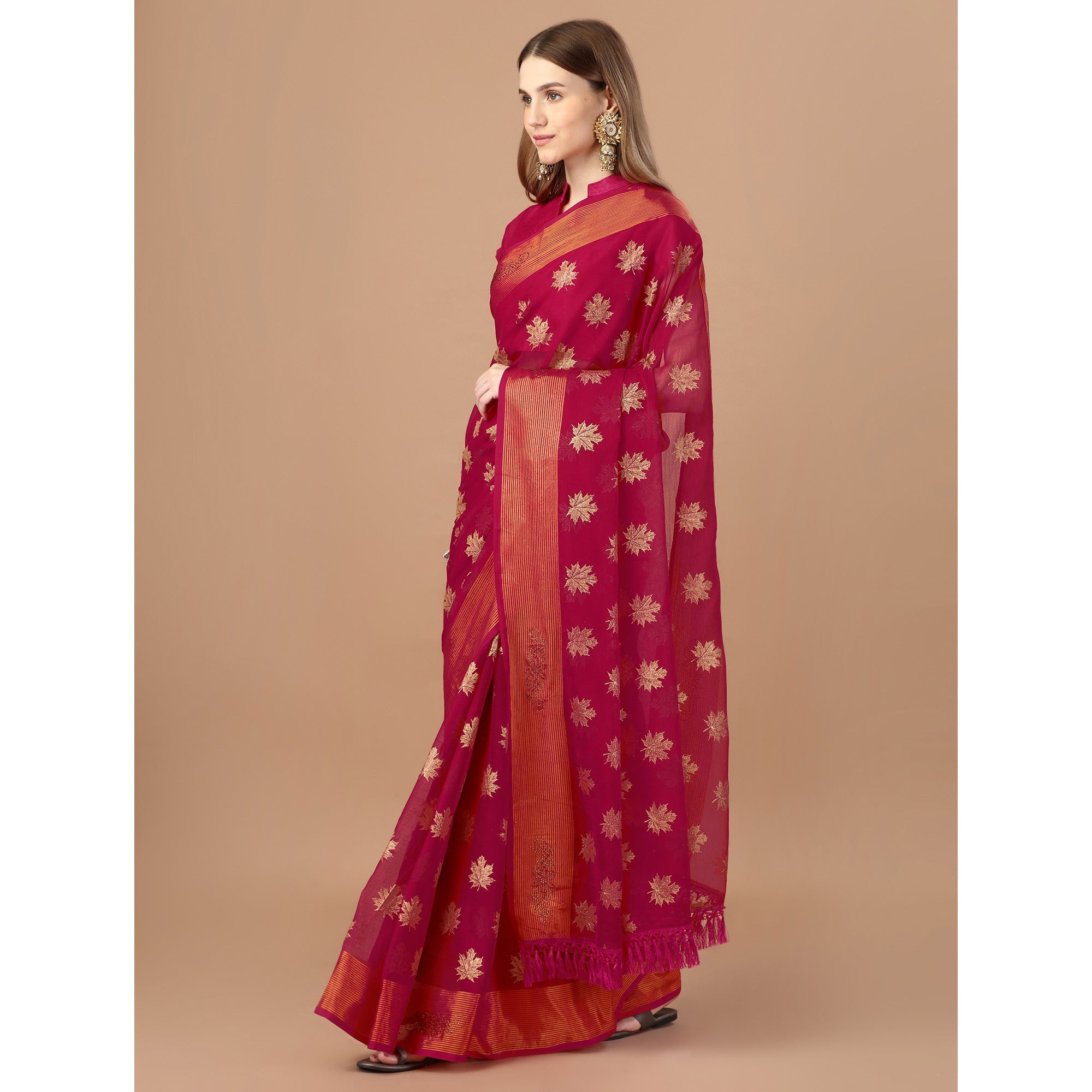 Peachmode Dark Magenta Zari Work Chiffon Saree With Tassels - view 4