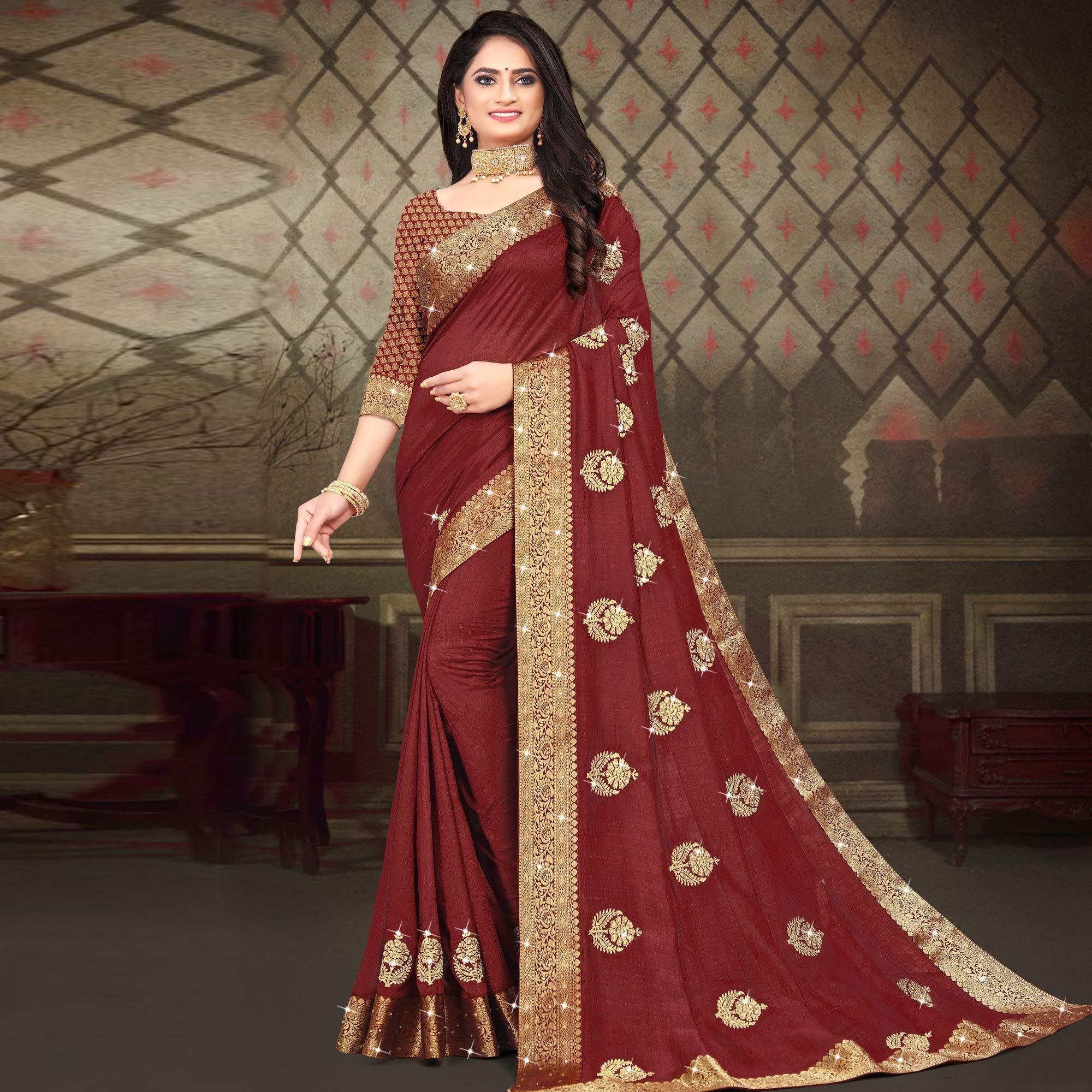Peachmode Maroon Woven With Embellished Vichitra Silk Saree