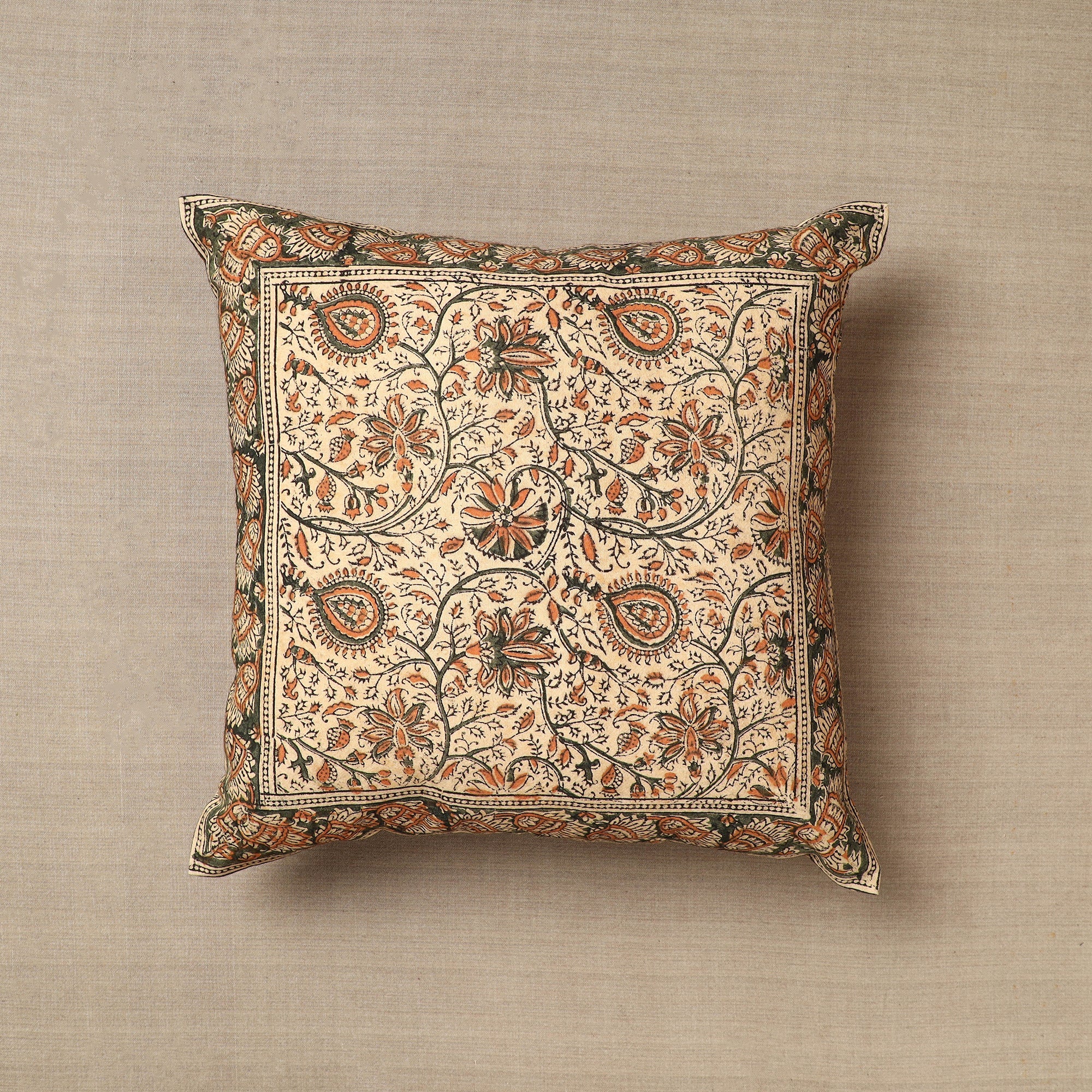 PITCHUKA SRINIVAS KALAMKARI PEDANA Beige - Original Pedana Block Print Cotton Kalamkari Cushion Cover 33