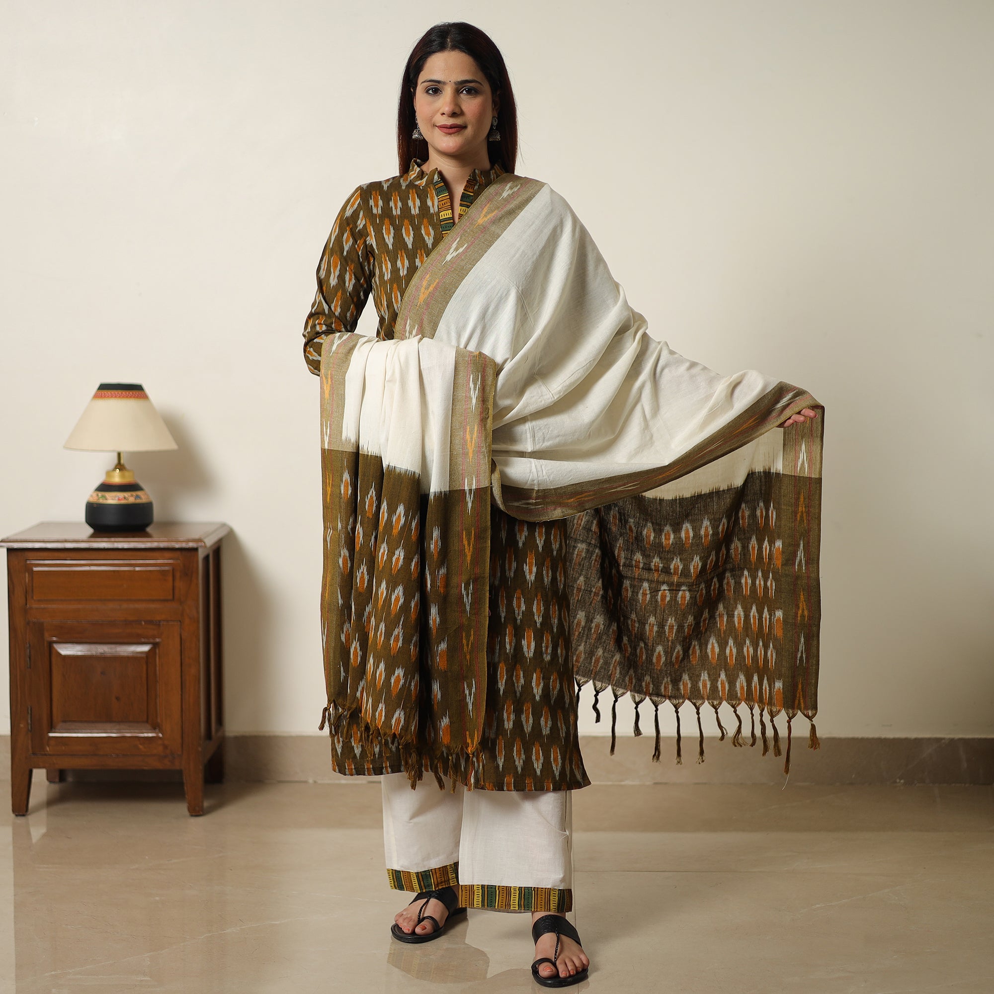 ITOKRI CASUALS Brown - Pochampally Ikat Weave Cotton Kurta with Palazzo & Dupatta Set 08