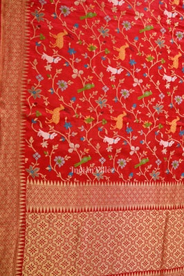 IndianVillèz Pure Authentic Red Tussar Banarasi Silk Saree with thread embroidery - view 3