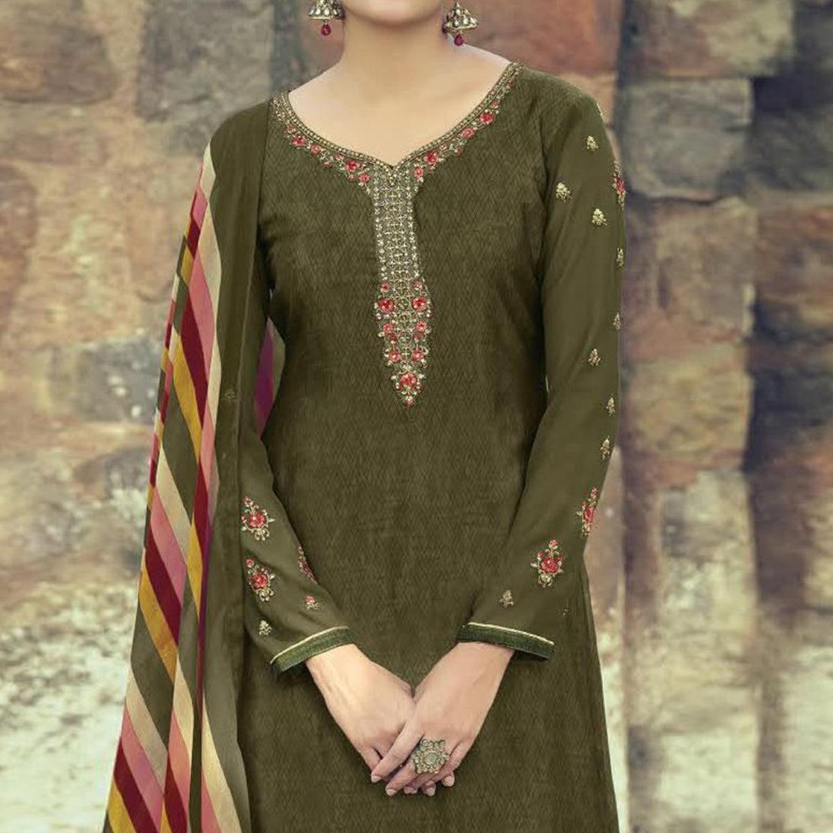 Peachmode Mehendi Green Partywear Embroidered Royal French Crepe Patiala Suit - view 2