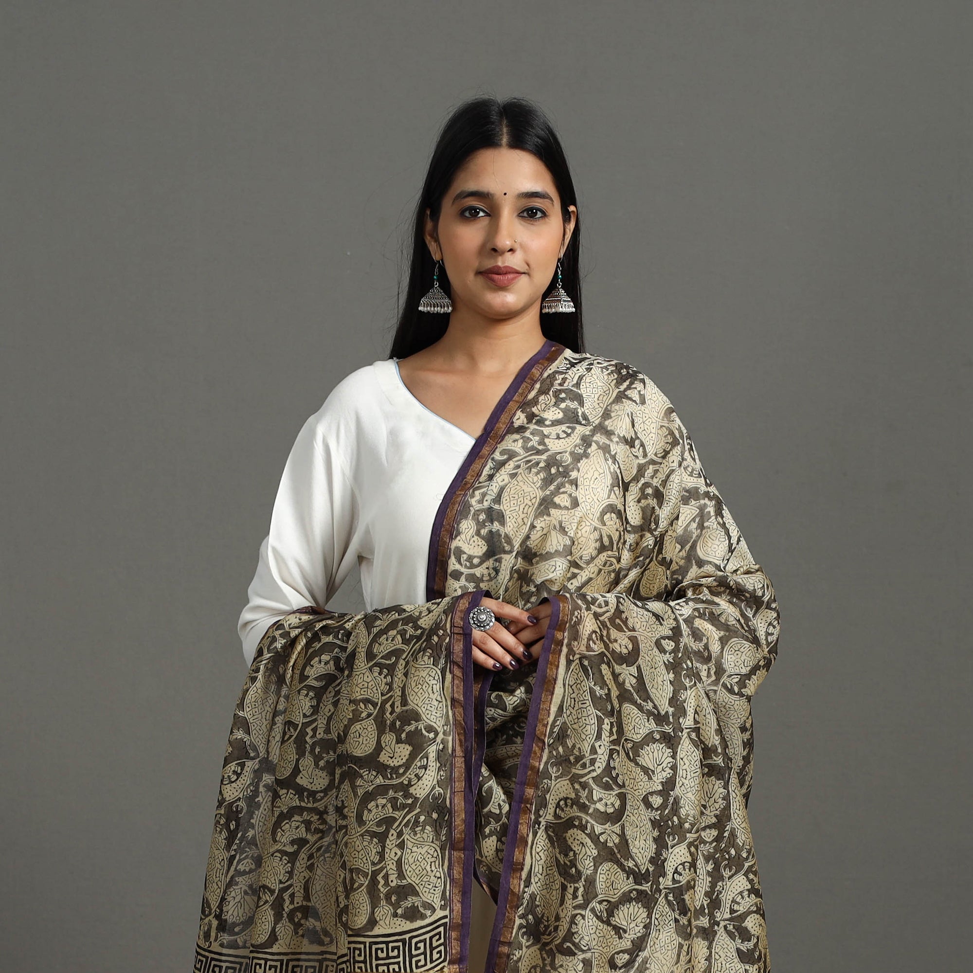 ARTISAN HAND BLOCK PRINTS Beige - Block Printed Chanderi Silk Sanganeri Dupatta 18 - view 3