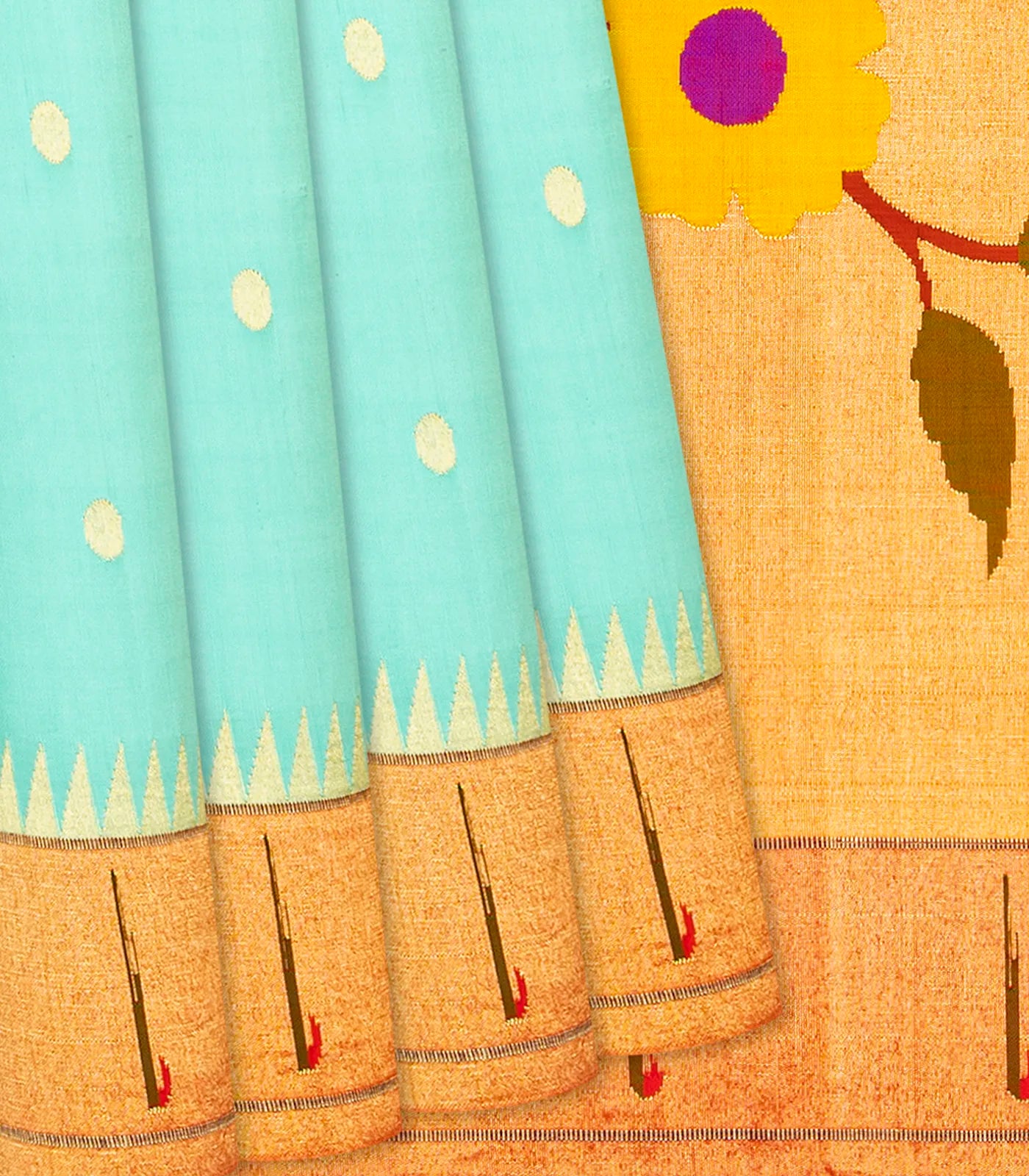 RmKV Turquoise Handloom Paithani Silk Saree With Coin Buttas & Temple Border-Turquoise