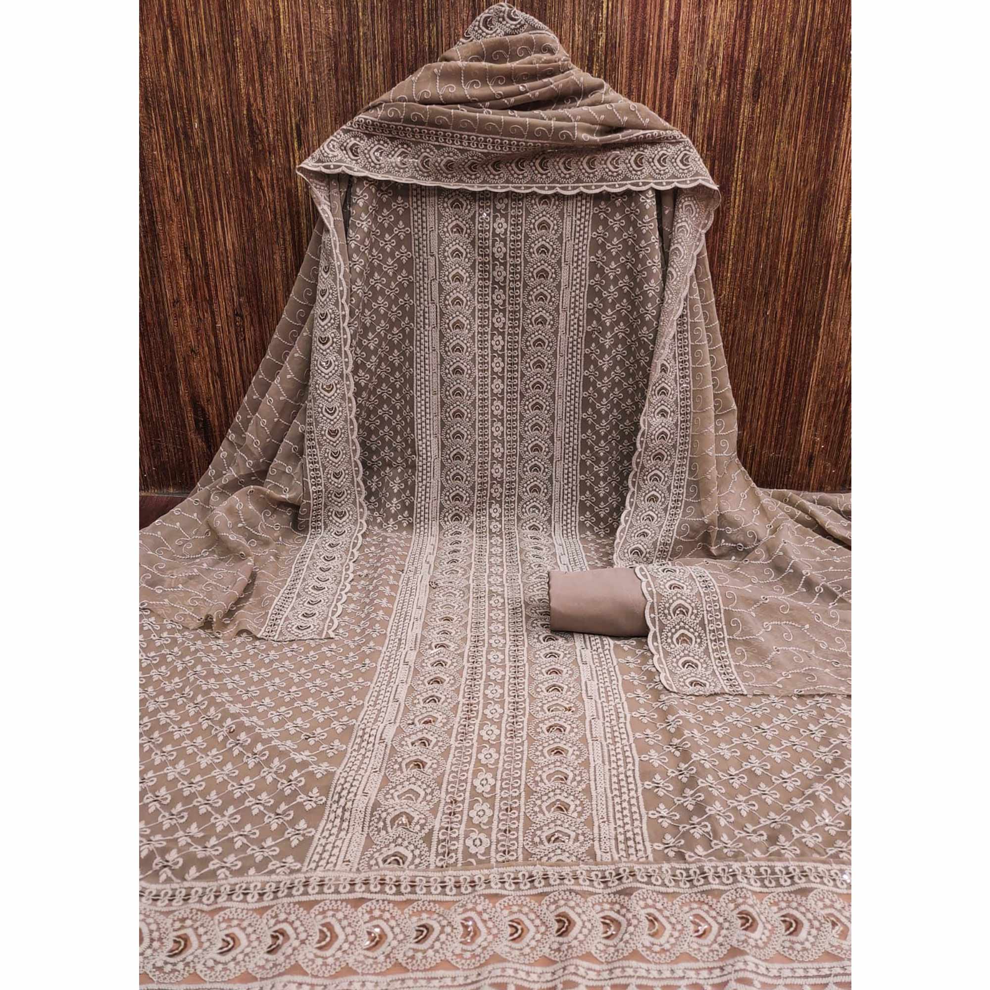 Peachmode Brown Floral Embroidered Georgette Dress Material - view 3