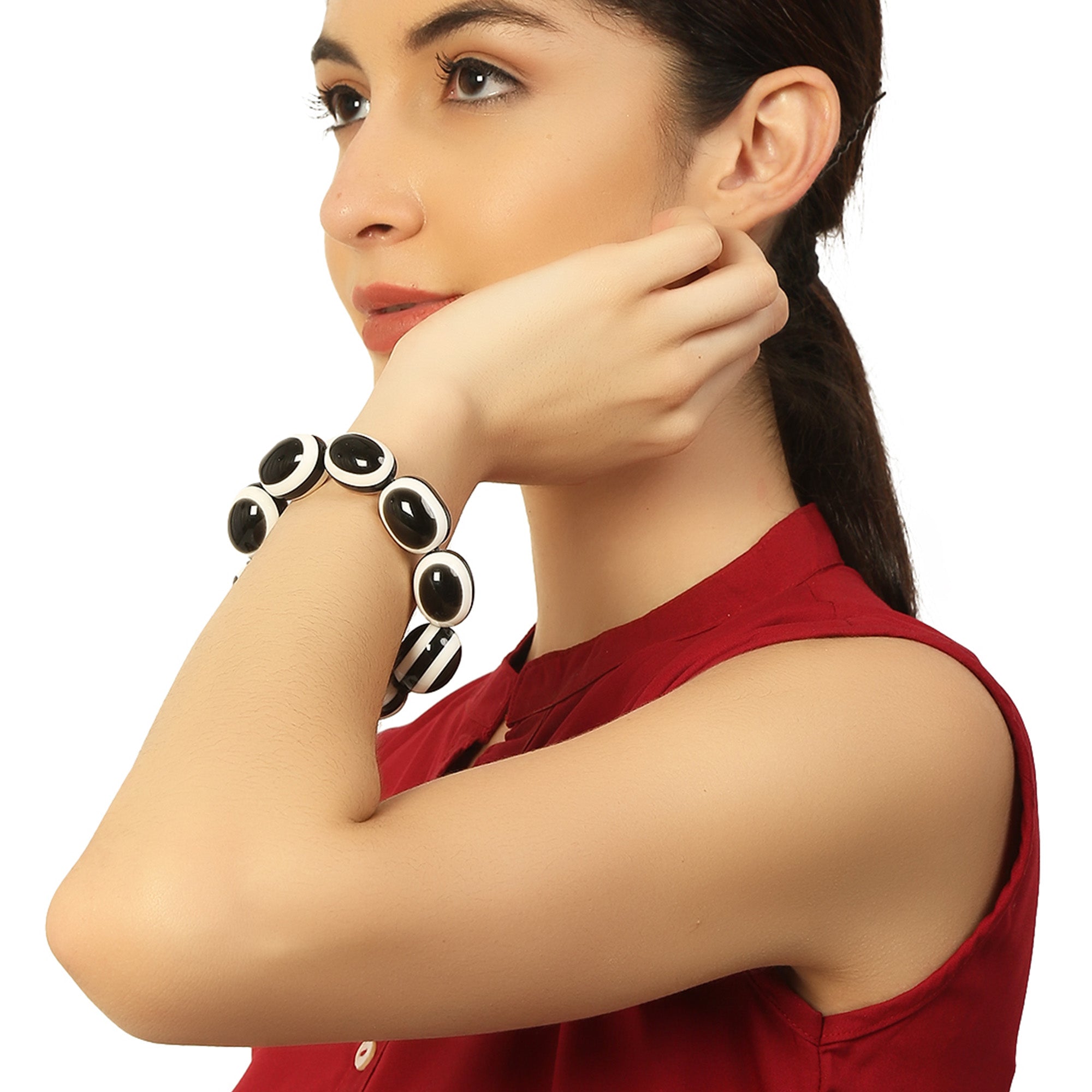 Black & White Stone Stretchable Bracelet by Bamboo Tree Jewels - view 2