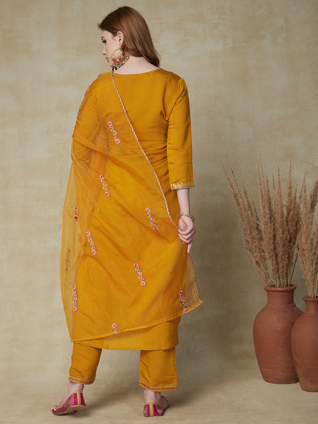 Fashor Solid Mirror, Zari & Resham Embroidered Kurta With Pants & Embroidered Dupatta - Mustard - view 6