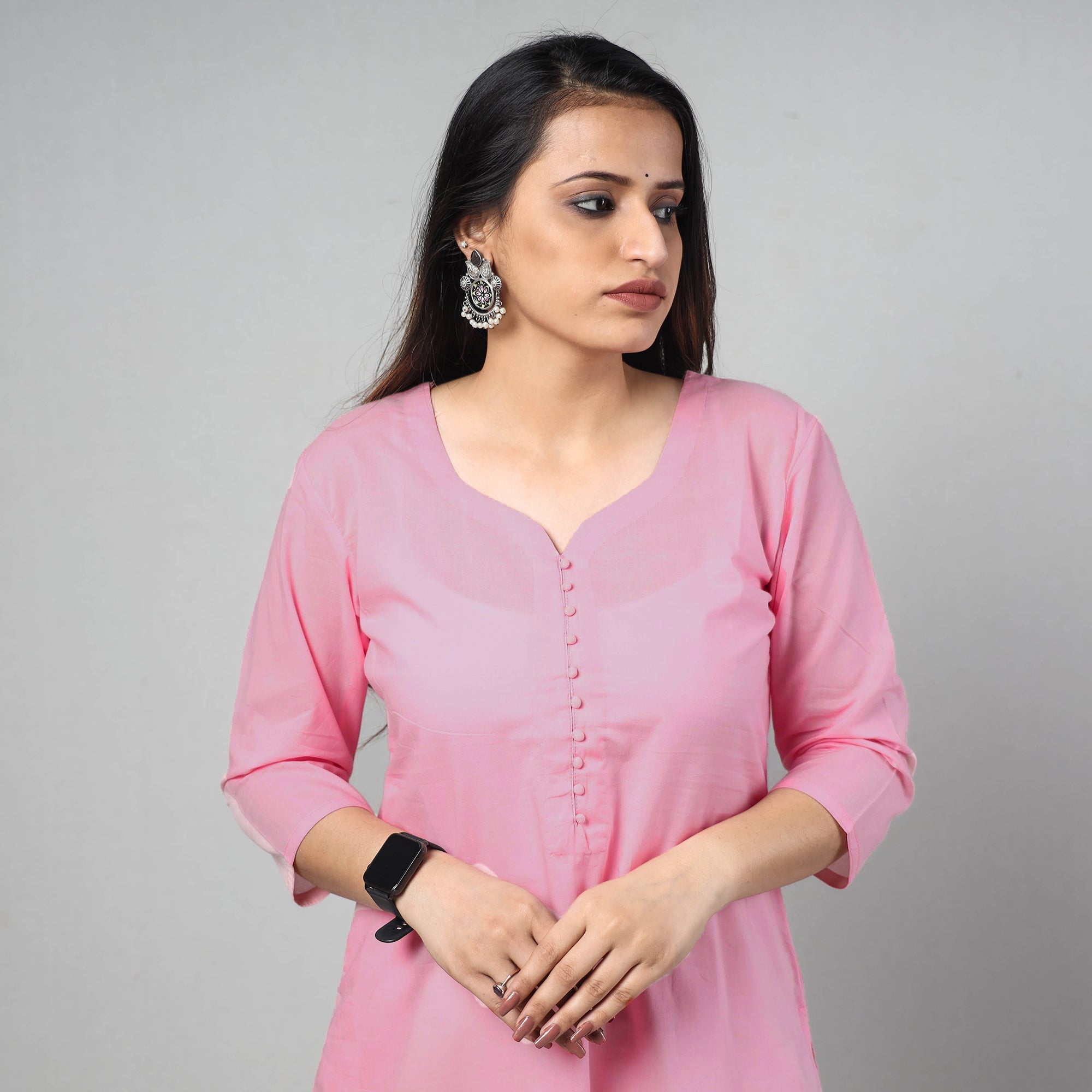 ITOKRI CASUALS Baby Pink - Plain Cotton Long Straight Kurta 11
