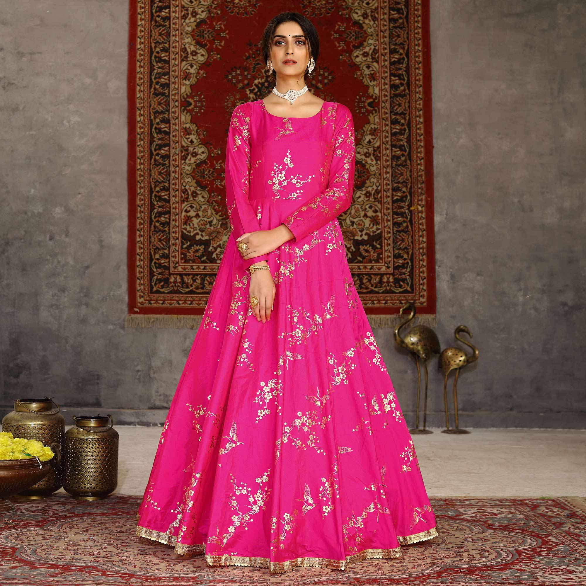 Peachmode Deep Pink Party Wear Designer Metalic Foil Printed Work Taffeta Gown