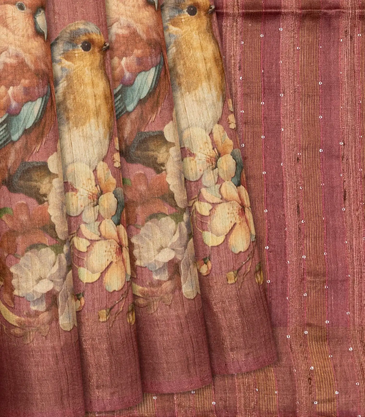 RmKV Dusty Pink Handloom Tussar Silk Saree With Printed Bird Motifs-Dusty Pink