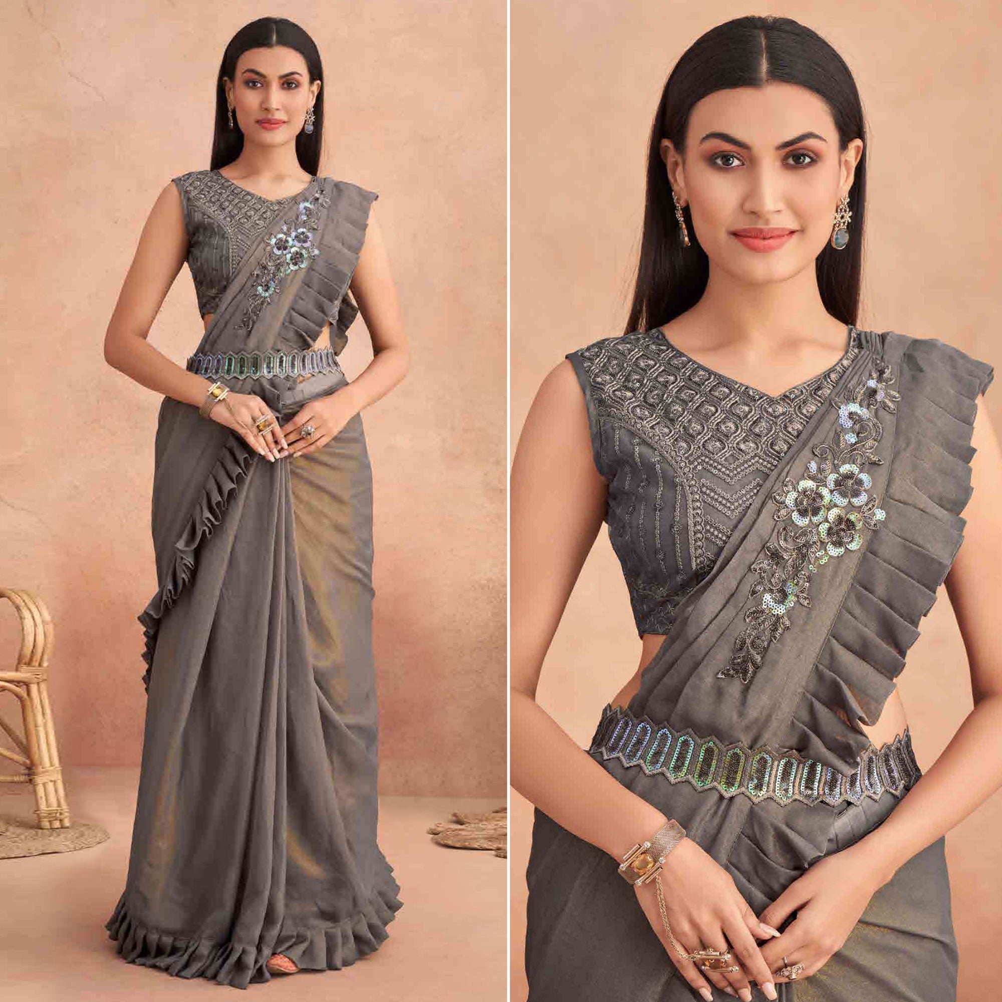 Peachmode Seller Grey Sequins Embroidered Ready to Wear Georgette Saree