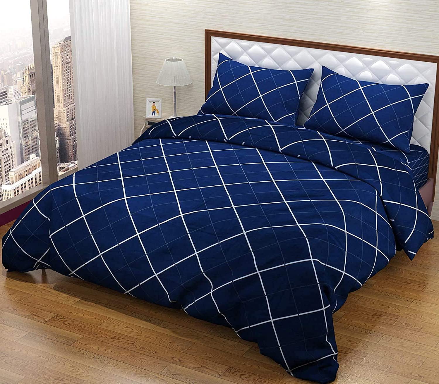 Kuber Industries Geomatric Printed Luxurious Soft Breathable & Comfortable Cotton Double Bedsheet with 2 Pillow Covers (Blue)-HS43KUBMART26819,Standar