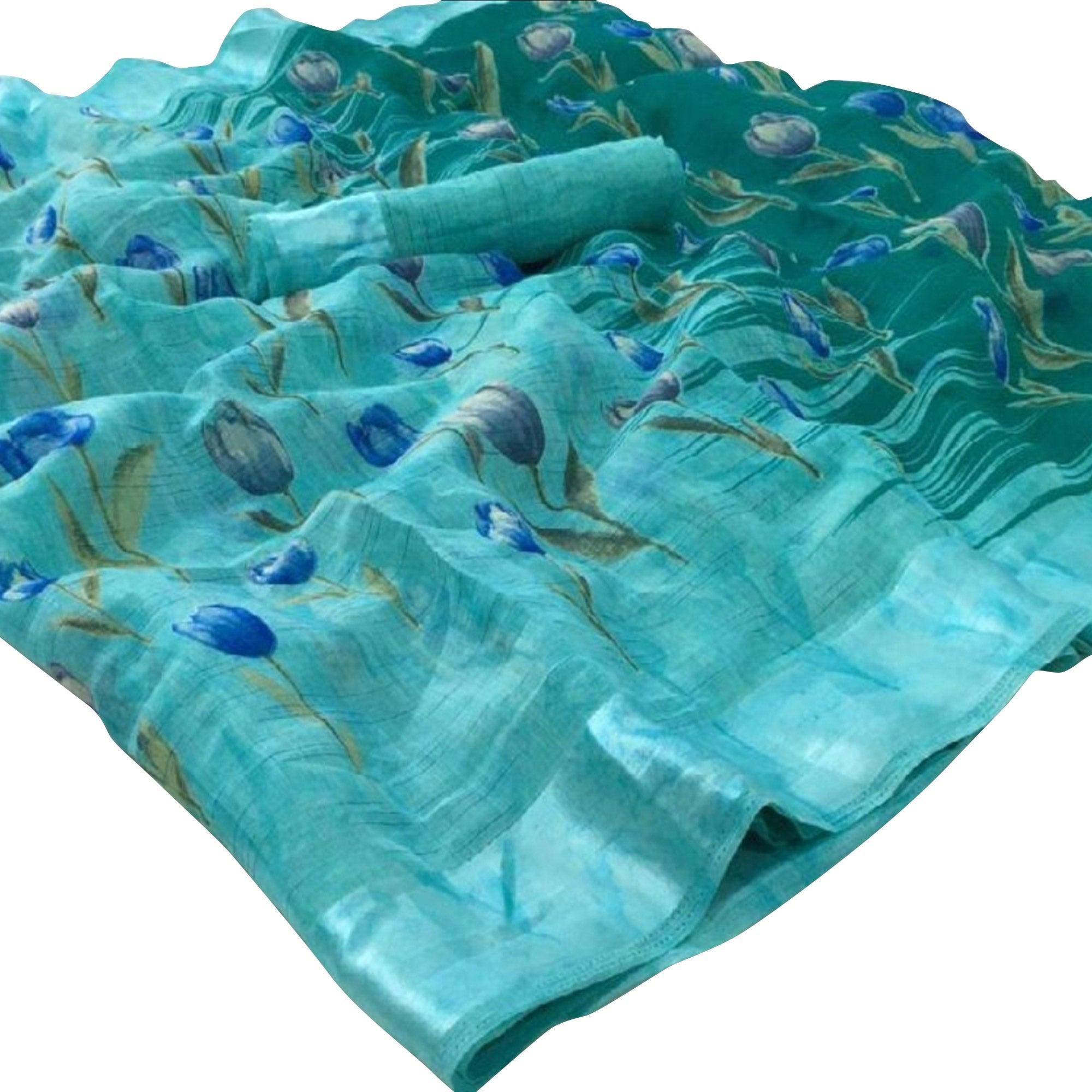 Peachmode Groovy Auqa Blue Colored Casual Wear Floral Printed Linen Saree