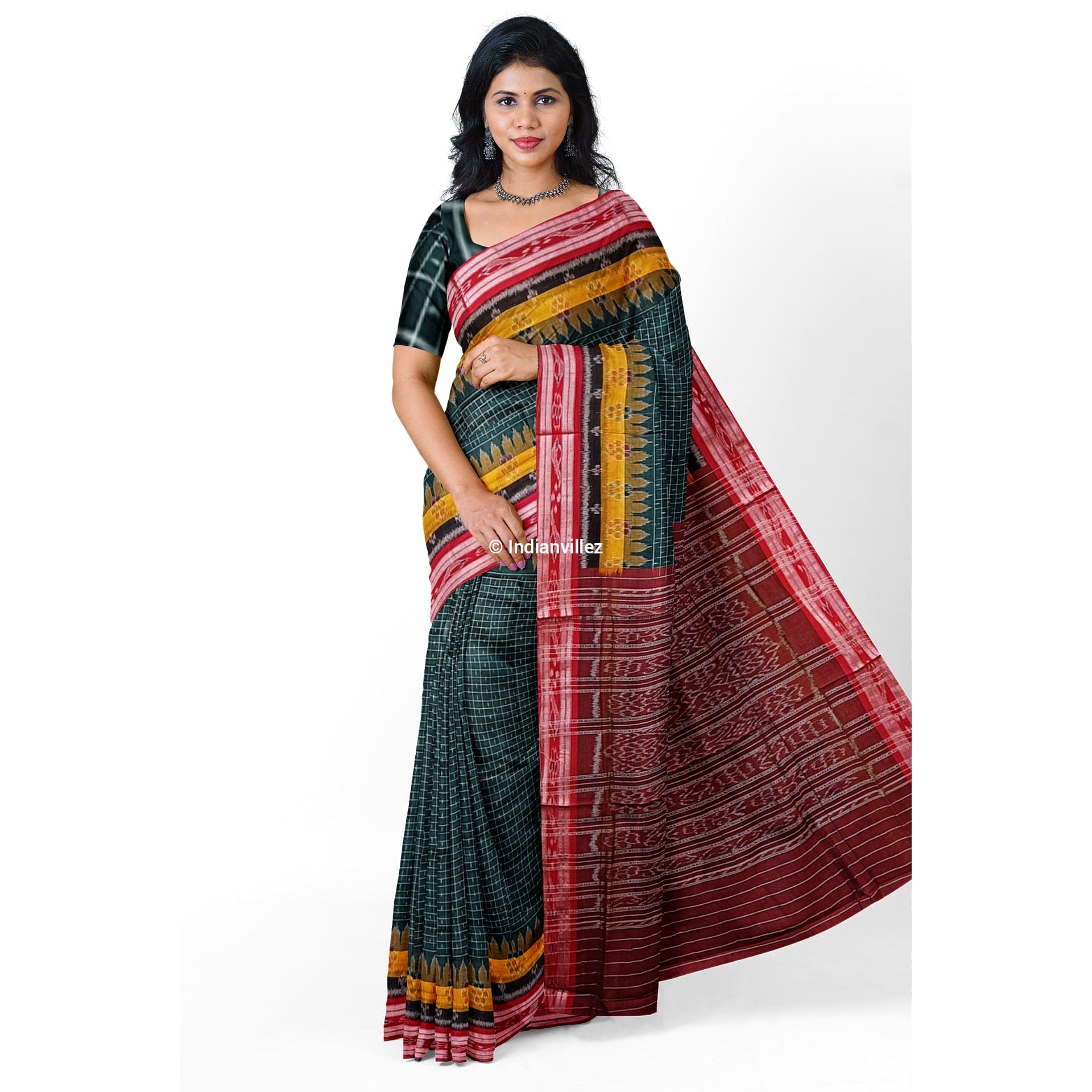IndianVillèz Green Maroon Checks Odisha Handloom Sambalpuri Cotton Saree