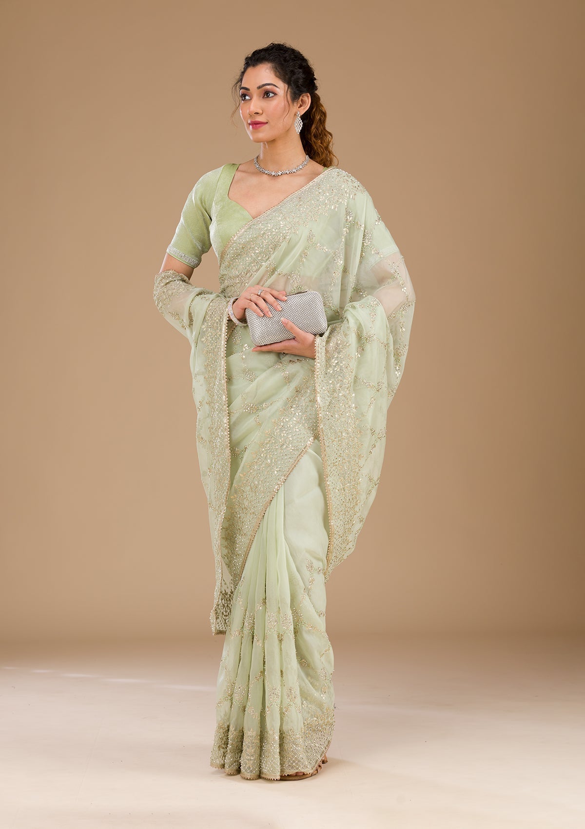Koskii Pista Green Gotapatti Tissue Saree – Women's