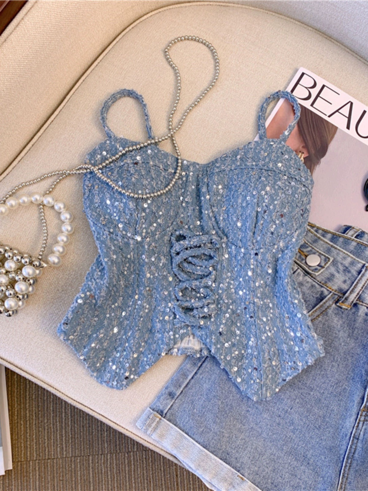 Alamode By Akanksha Bodor Statement Vest Tops in Blue
